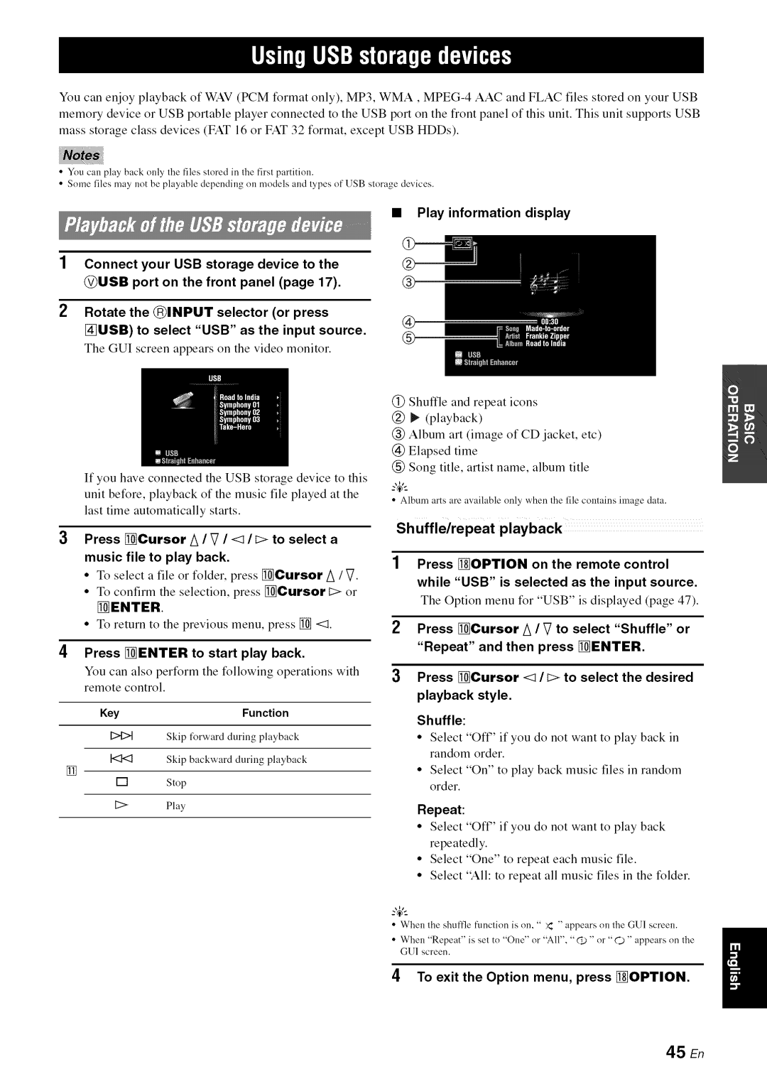 Yamaha RX-V1065 Sh uffle/repeat playback, To return to the previous menu, press, Press Enter to start play back, 45 En 