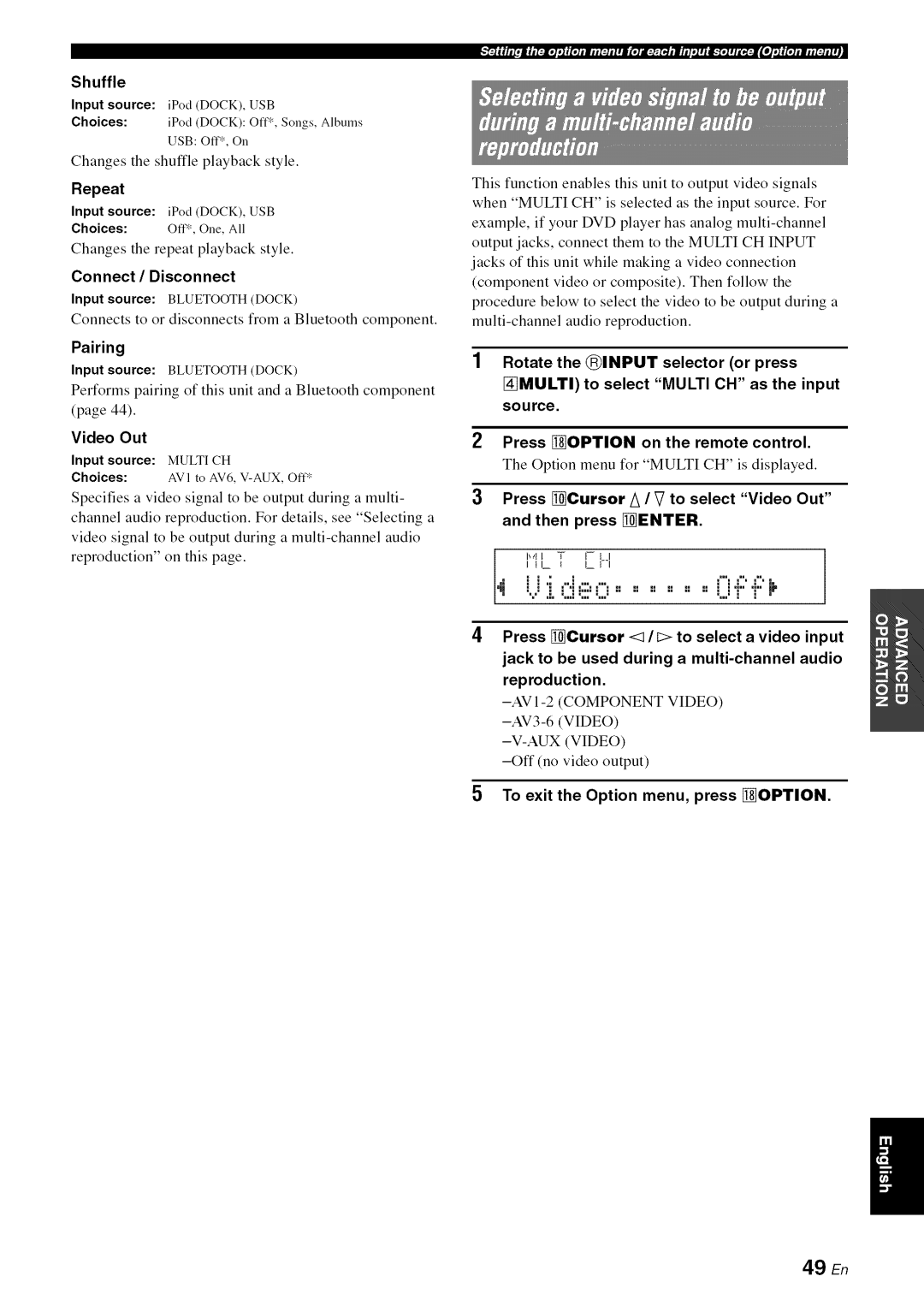 Yamaha RX-V1065 owner manual Connect / Disconnect, Pairing, Press Cursor/ / V to select Video Out and then press Enter 