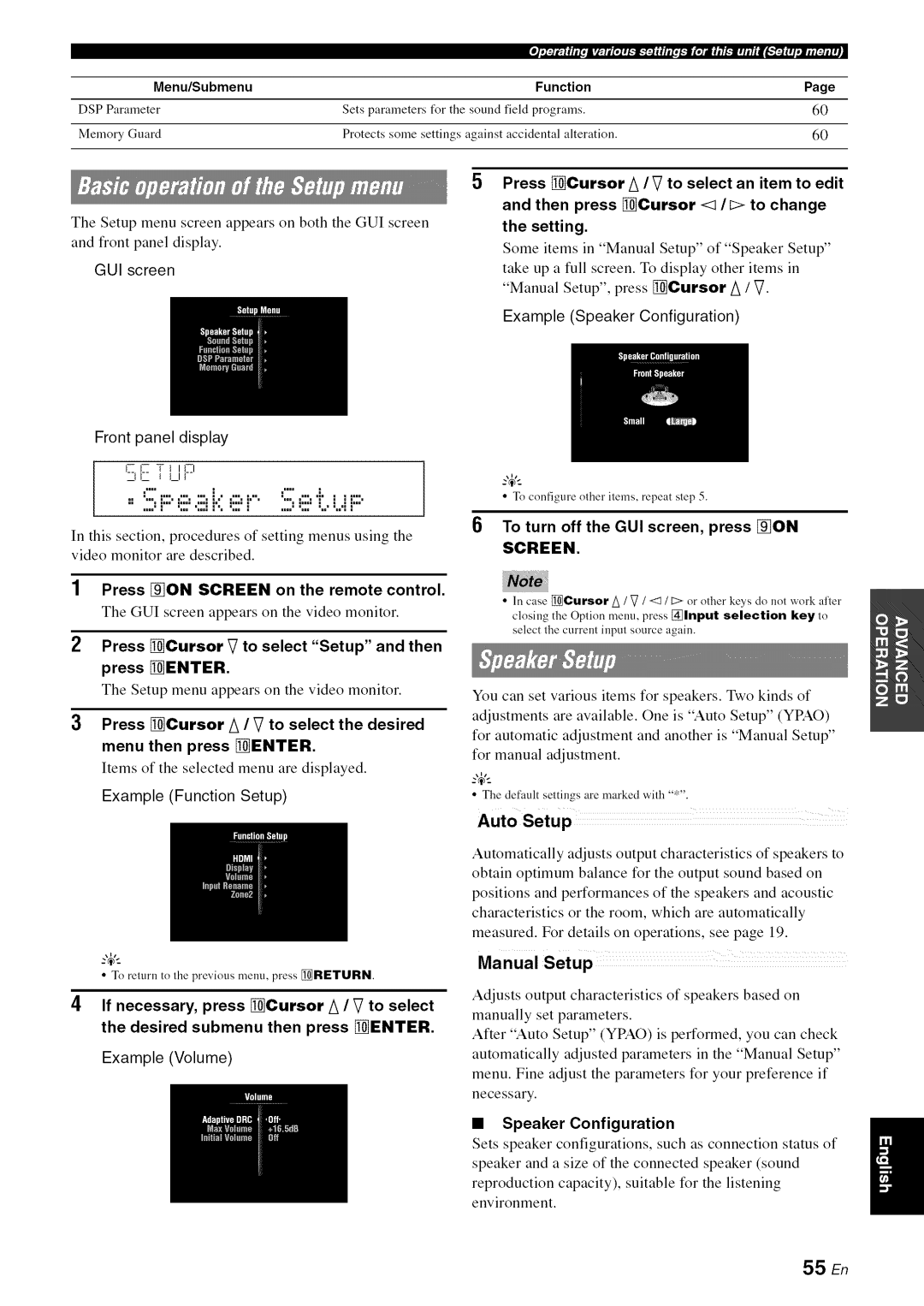 Yamaha RX-V1065 Press Cursor 7to select Setup and then press Jenter, To turn off the GUI screen, press on, Auto Setup 