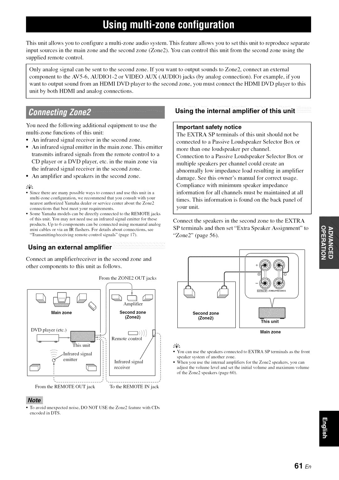 Yamaha RX-V1065 Using the internal amplifier of this unit, Using an external amplifier, Important safety notice, 61 En 