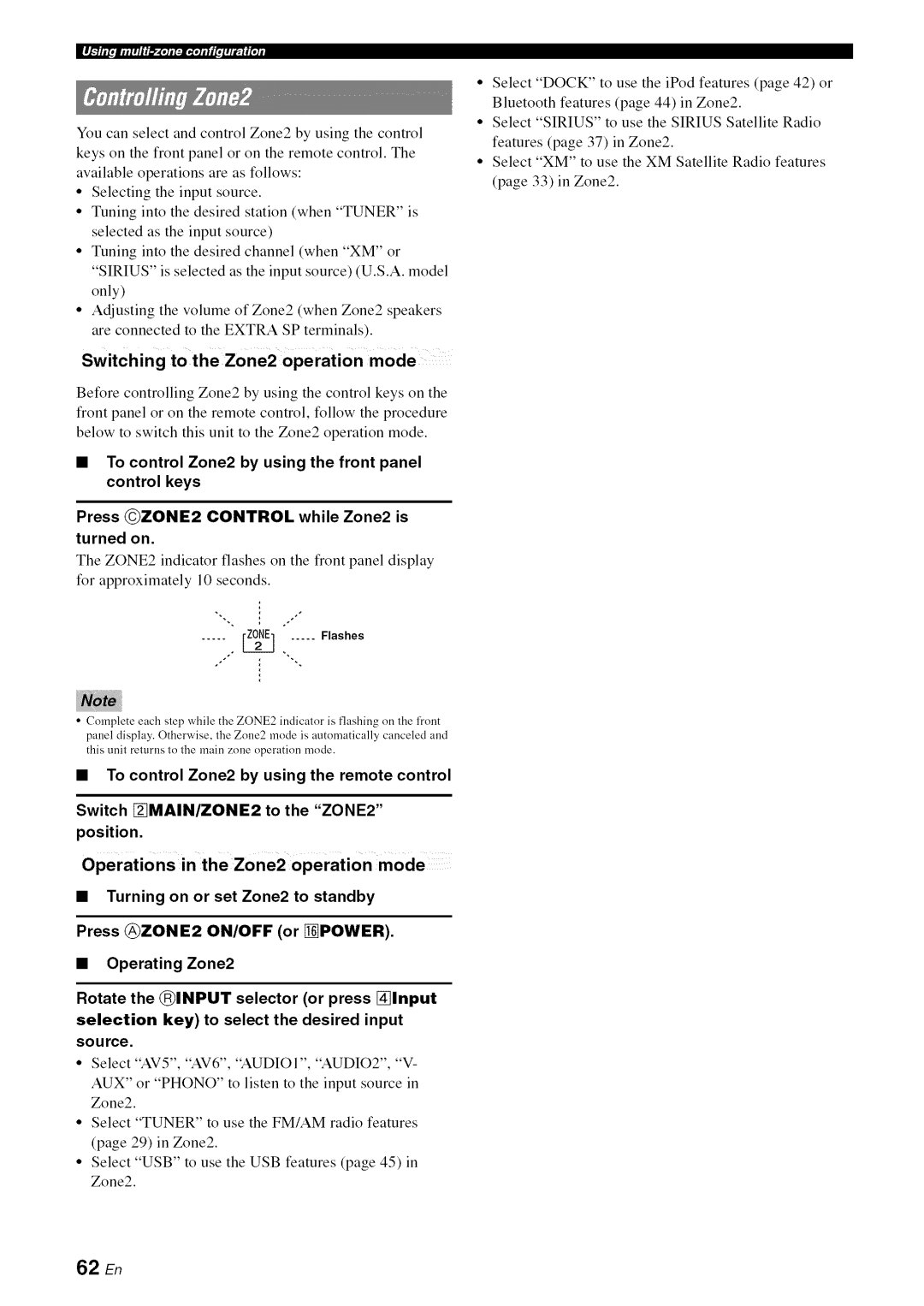 Yamaha RX-V1065 owner manual Switching to the Zone2 operation mode, To control Zone2 by using the remote control 