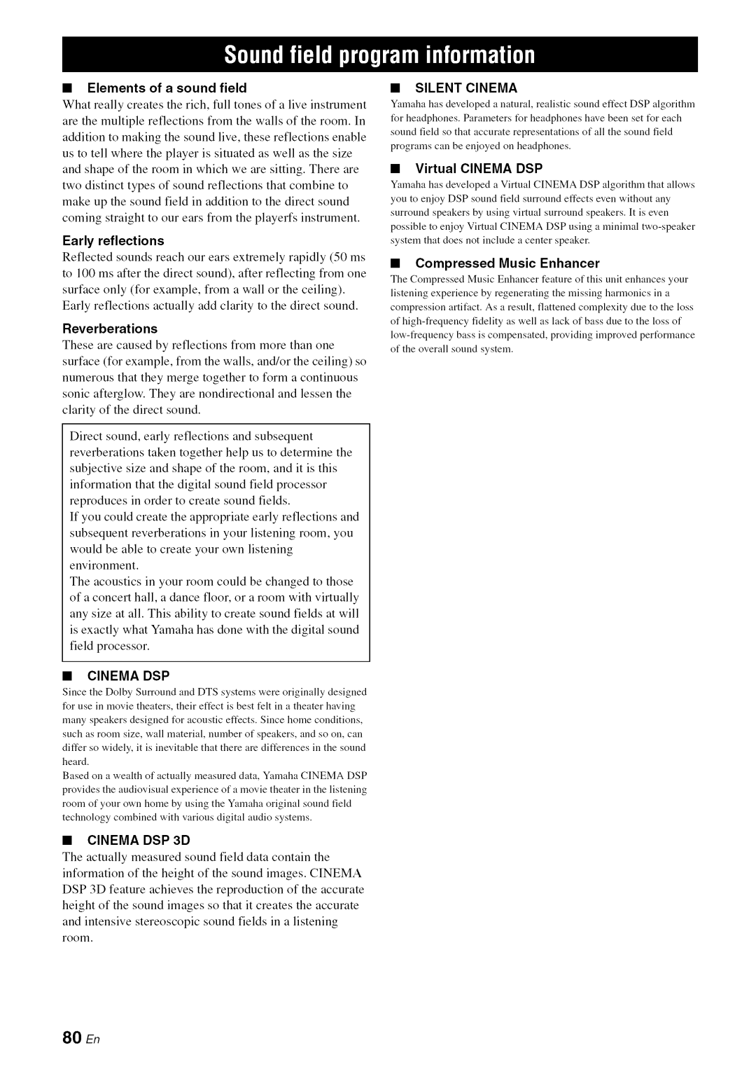 Yamaha RX-V1065 owner manual Elements of a sound field, Early reflections, Reverberations, Virtual Cinema DSP 