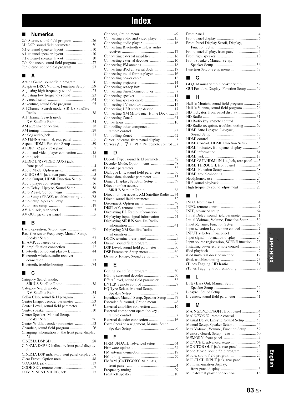 Yamaha RX-V1065 owner manual Numerics, 83 En 