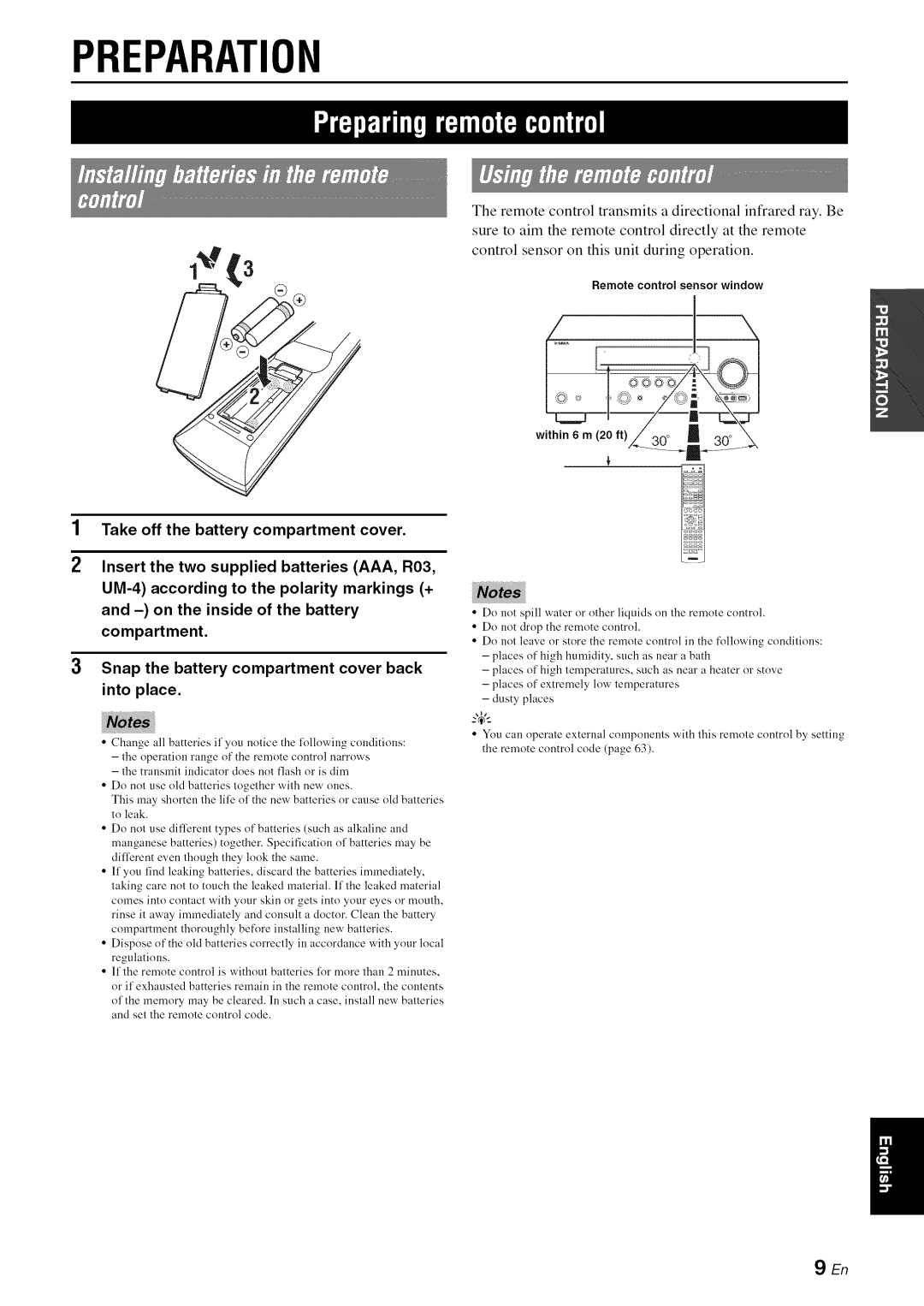 Yamaha RX-V1065 owner manual Preparation, _%,._, 1Take off the battery compartment cover 