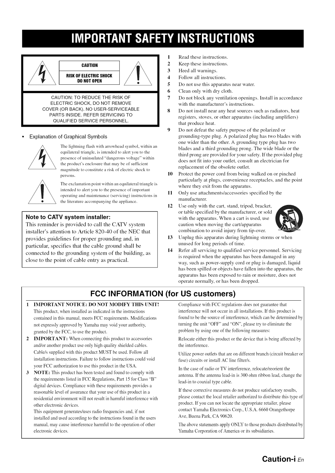 Yamaha RX-V1065 owner manual Caution-i En, Fcc Information, for US customers, Note to CATV system installer 
