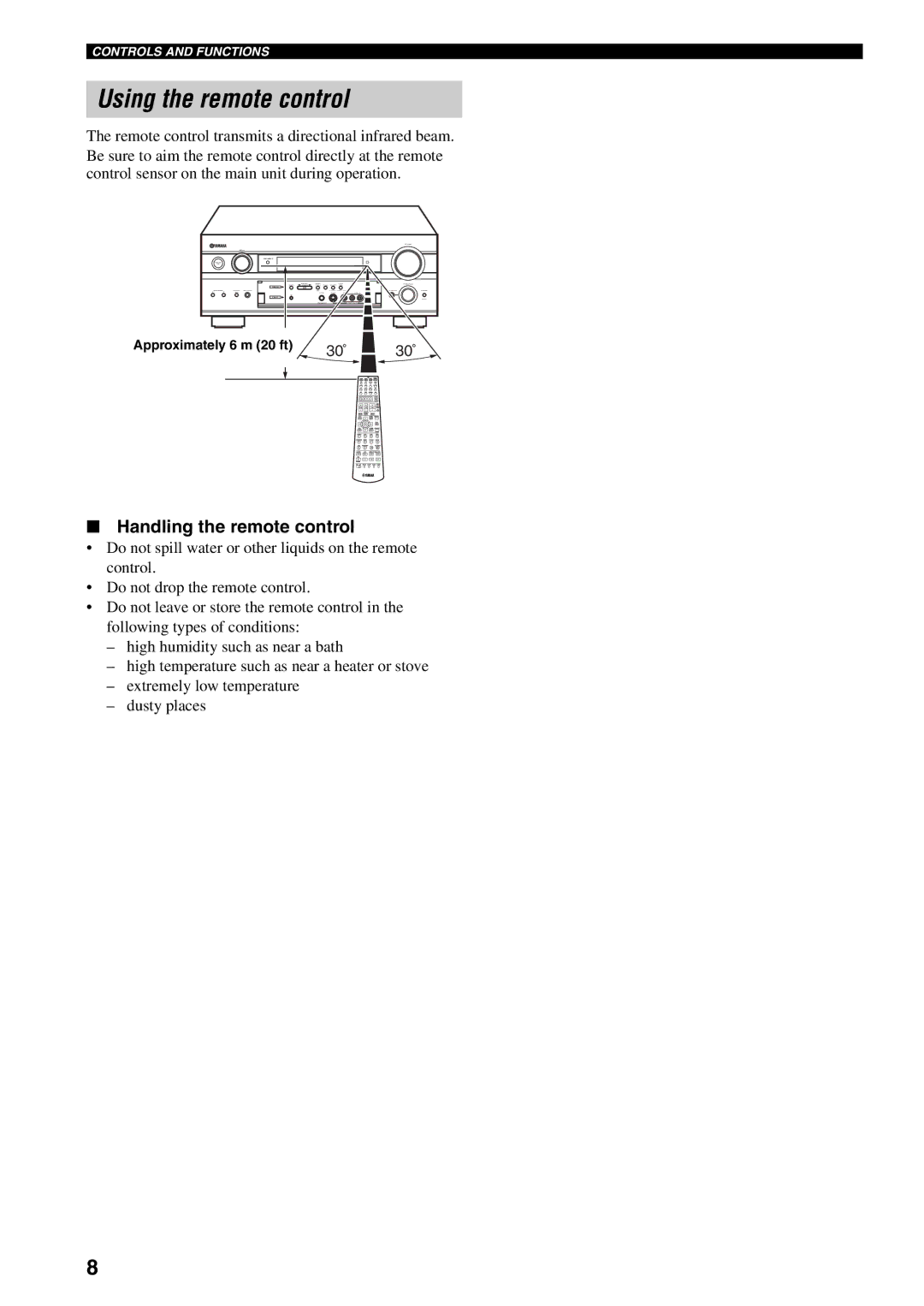 Yamaha RX-V1500 owner manual Using the remote control, Handling the remote control, Approximately 6 m 20 ft 