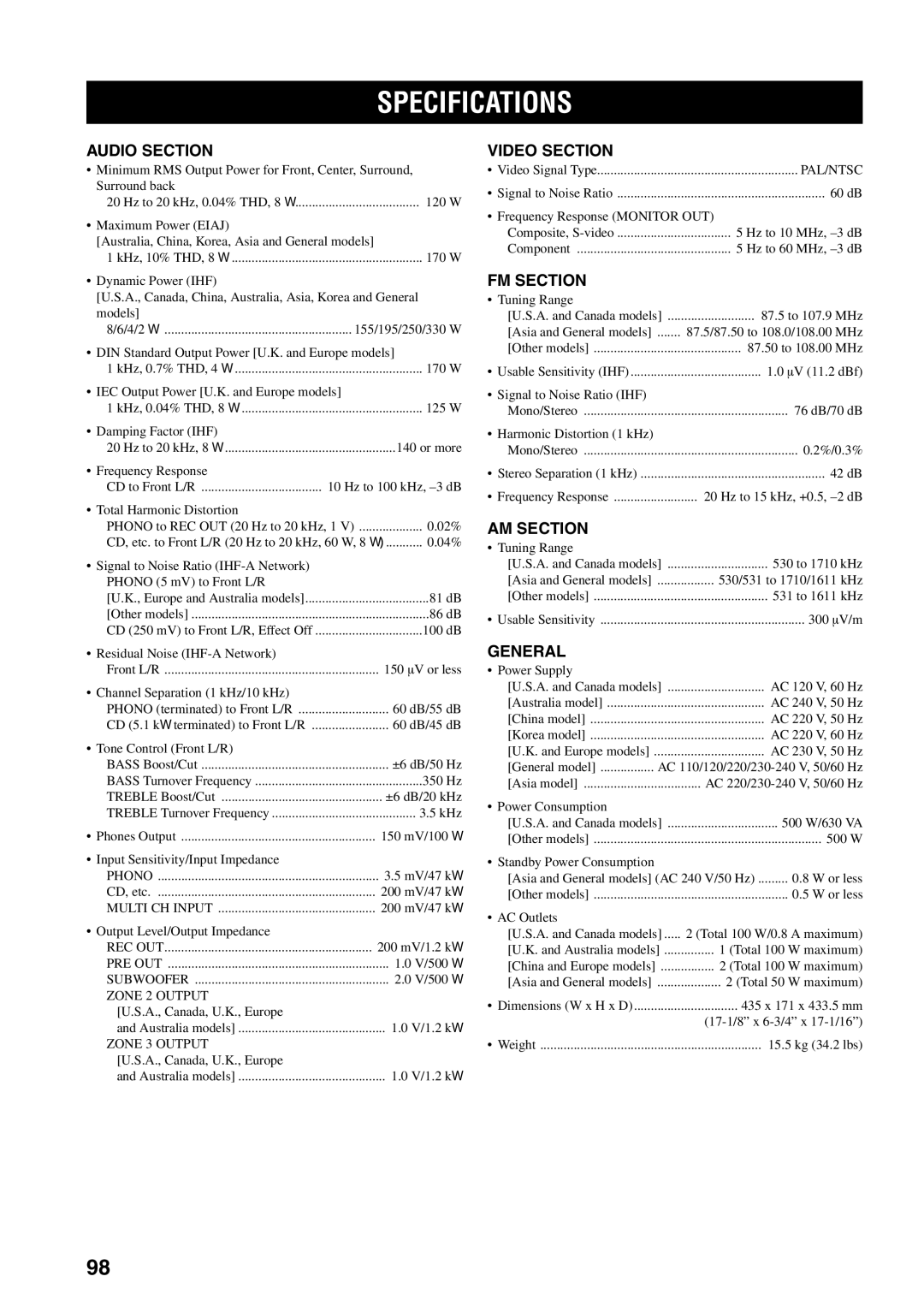 Yamaha RX-V1500 owner manual Specifications 