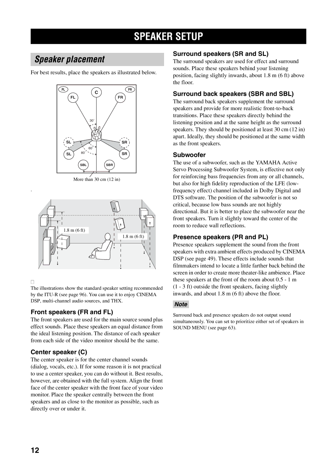 Yamaha RX-V1500 owner manual Speaker Setup, Speaker placement 