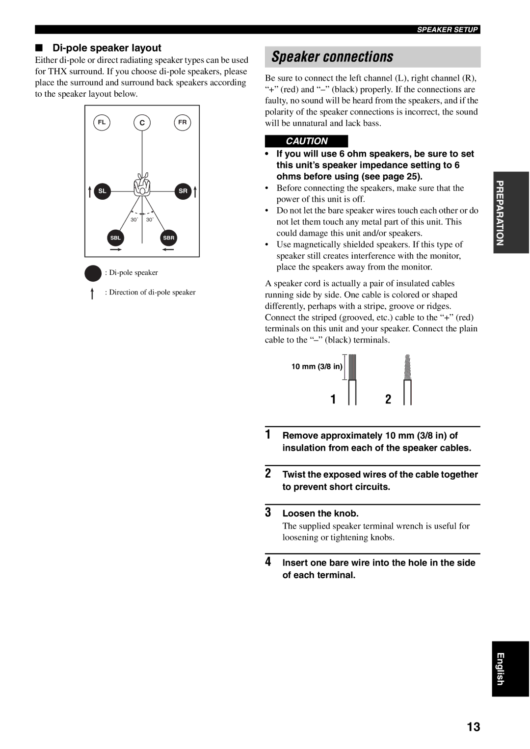 Yamaha RX-V1500 owner manual Speaker connections, Di-pole speaker layout, 10 mm 3/8 