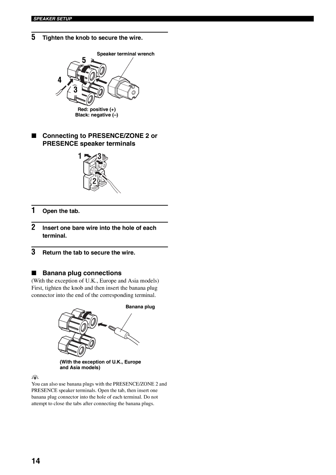 Yamaha RX-V1500 owner manual Connecting to PRESENCE/ZONE 2 or Presence speaker terminals, Banana plug connections 