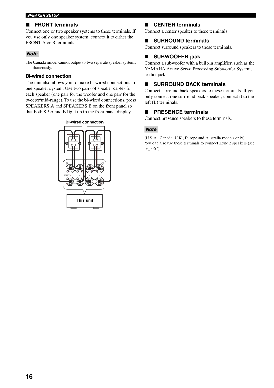 Yamaha RX-V1500 owner manual Front terminals, Center terminals, Surround terminals, Subwoofer jack, Surround Back terminals 