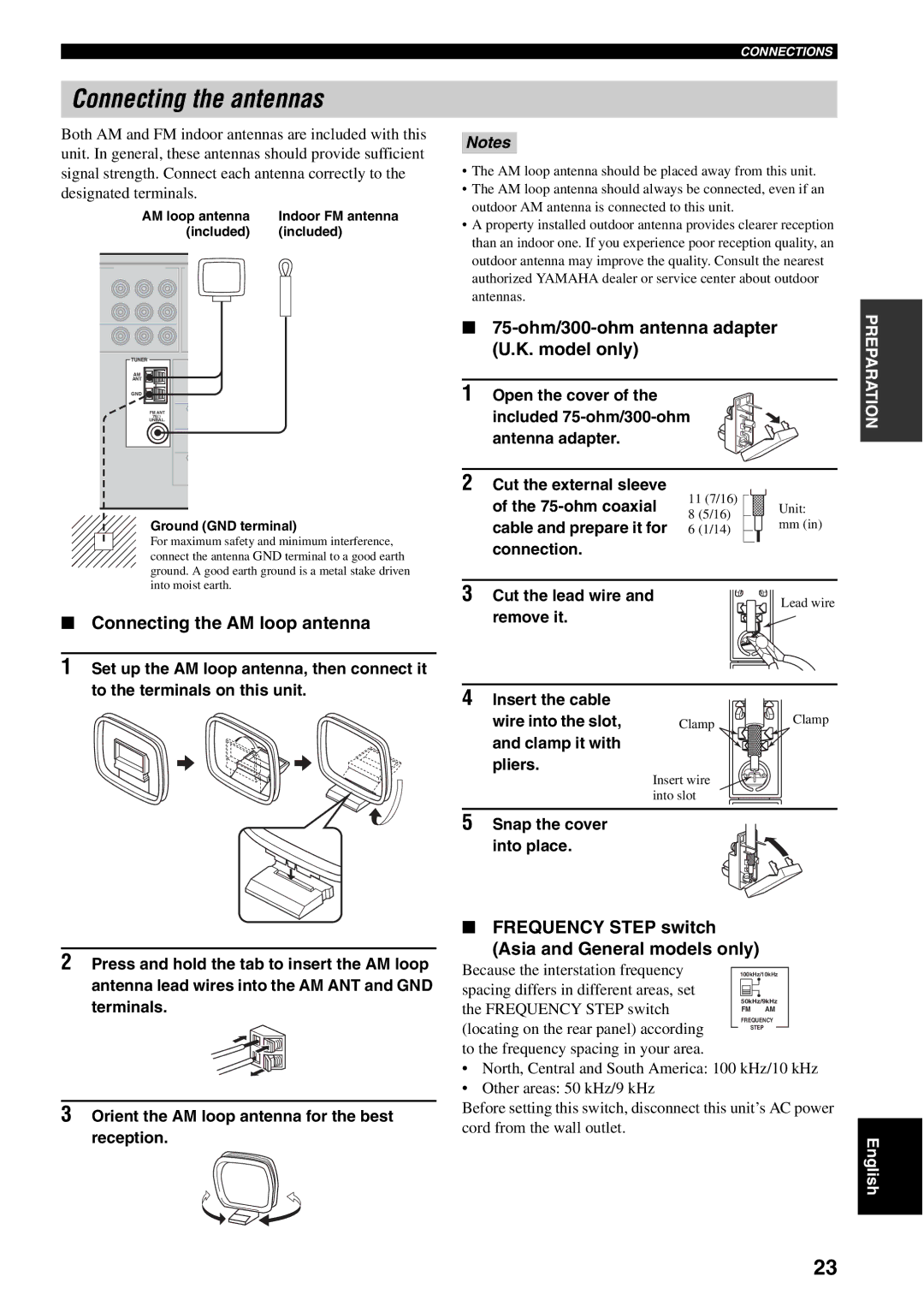 Yamaha RX-V1500 Connecting the antennas, Connecting the AM loop antenna, 75-ohm/300-ohm antenna adapter U.K. model only 