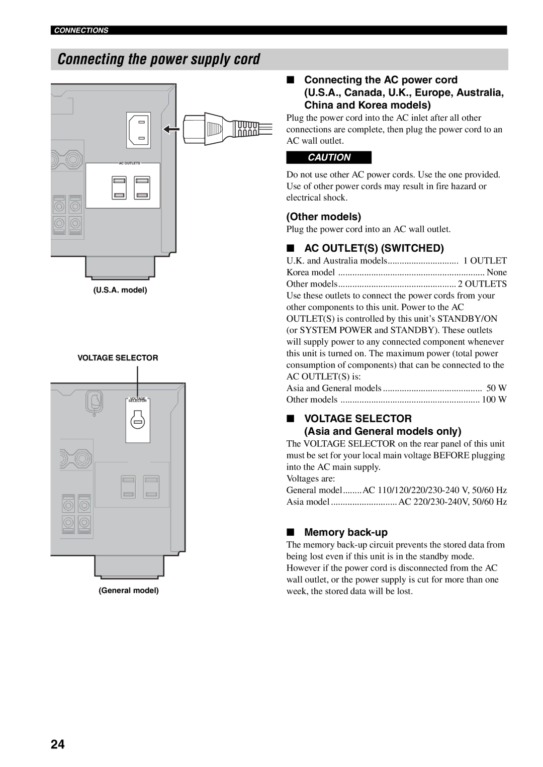 Yamaha RX-V1500 owner manual Connecting the power supply cord, Other models, Asia and General models only, Memory back-up 