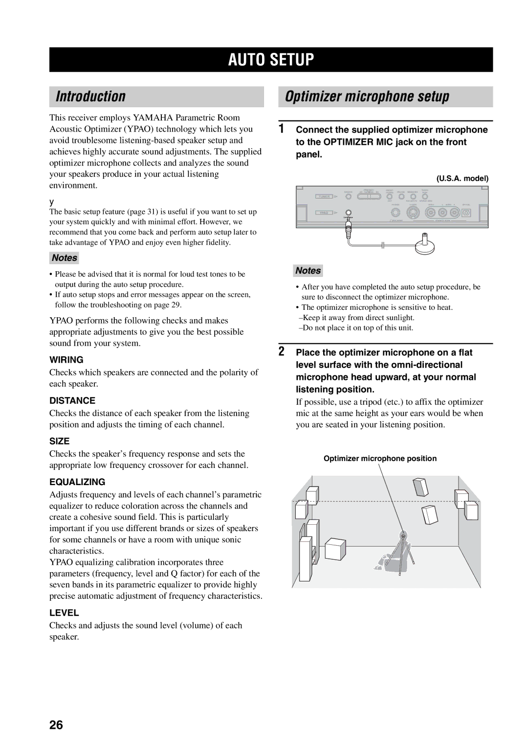 Yamaha RX-V1500 owner manual Auto Setup, Introduction, Optimizer microphone setup 