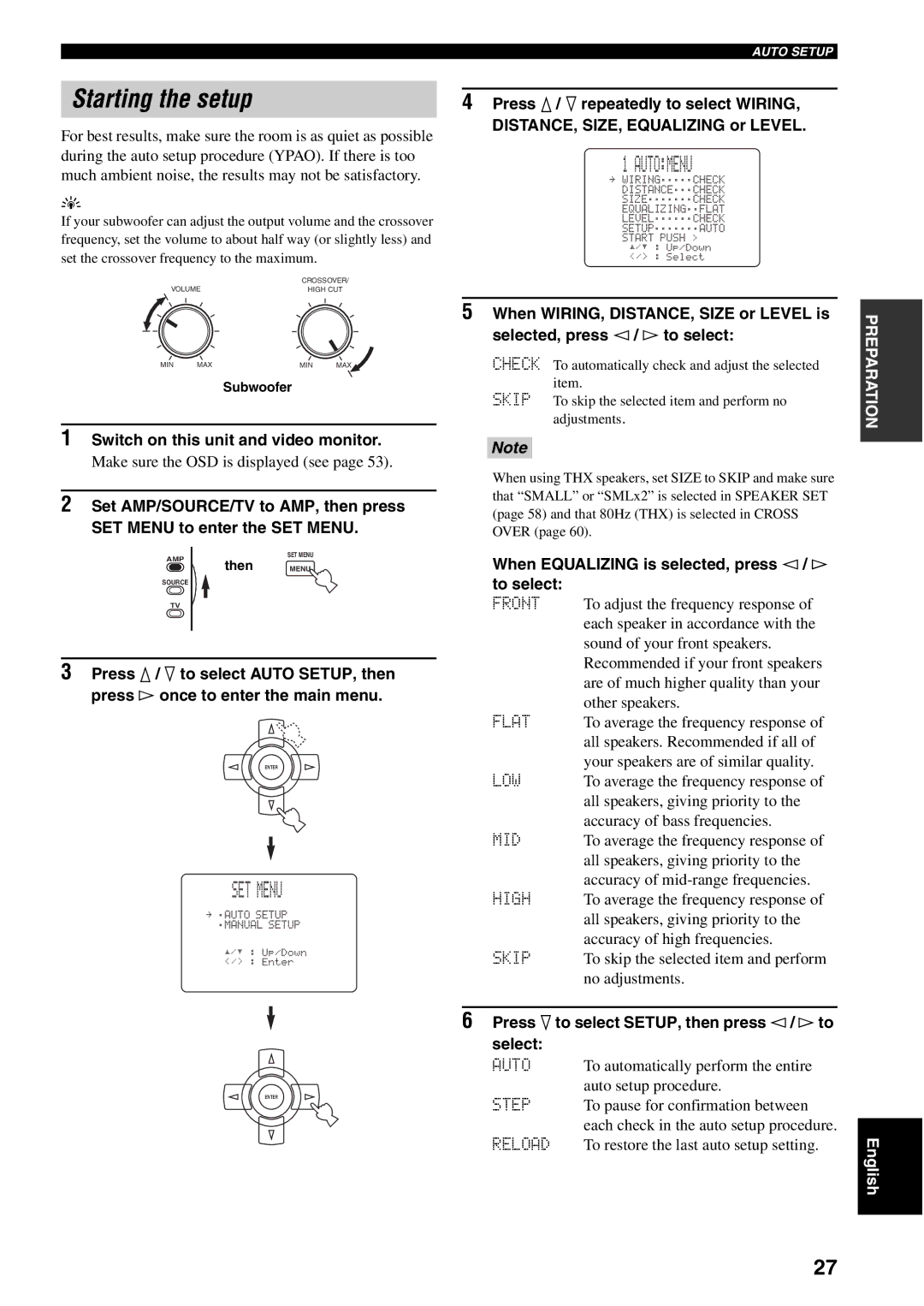 Yamaha RX-V1500 owner manual Starting the setup, Automenu, SET Menu 