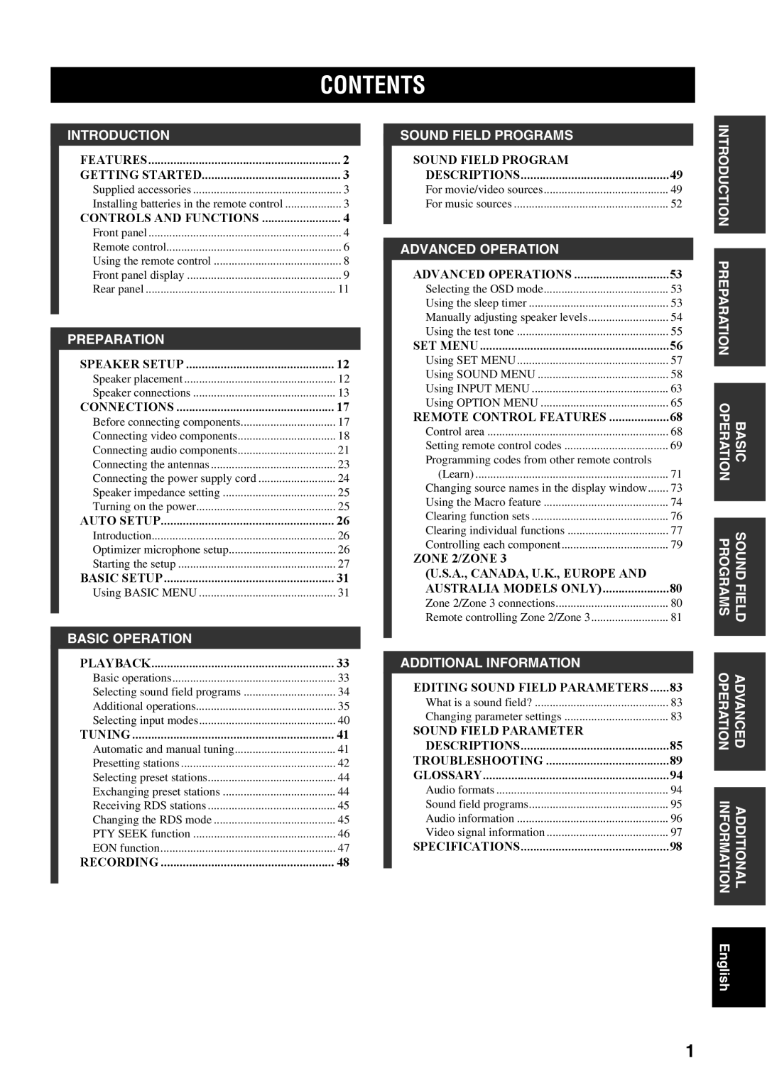 Yamaha RX-V1500 owner manual Contents 