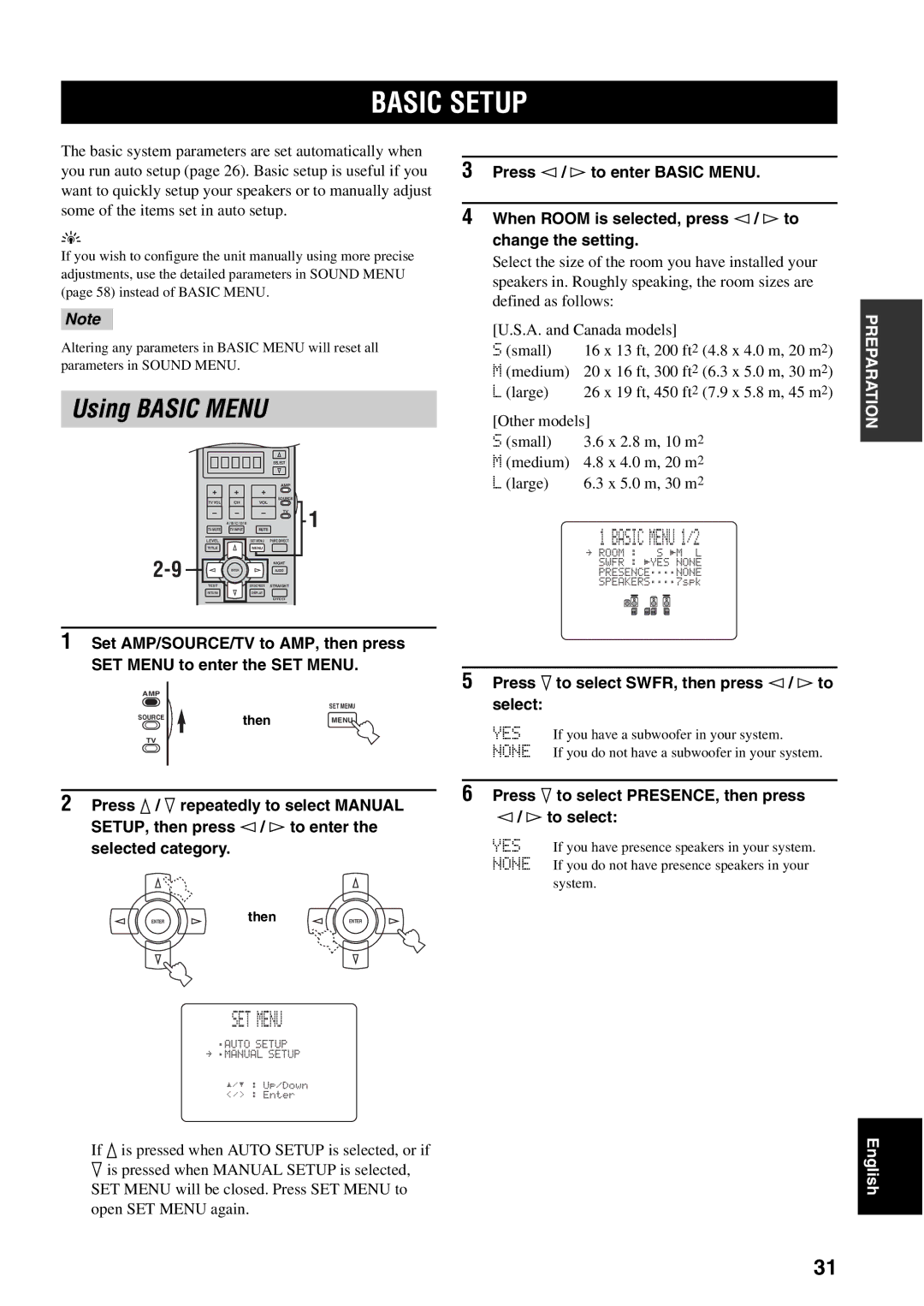 Yamaha RX-V1500 Basic Setup, Using Basic Menu, Basic Menu 1/2, Press n to select SWFR, then press l / h to select 