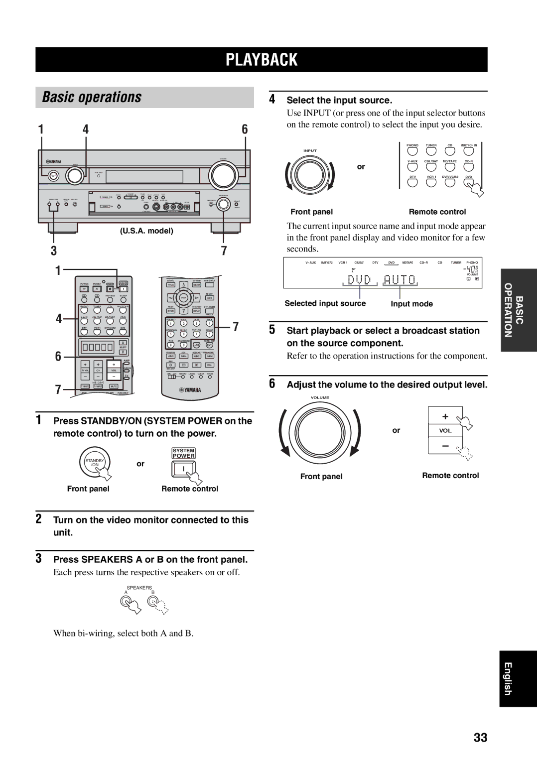 Yamaha RX-V1500 Playback, Basic operations, Select the input source, Adjust the volume to the desired output level 