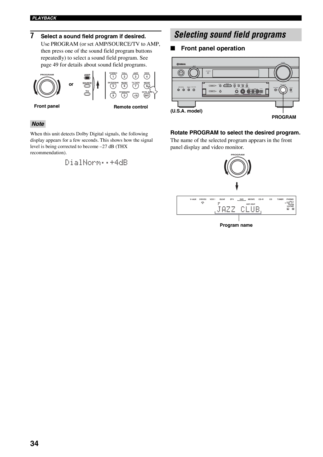 Yamaha RX-V1500 owner manual Front panel operation, Rotate Program to select the desired program, Program name 