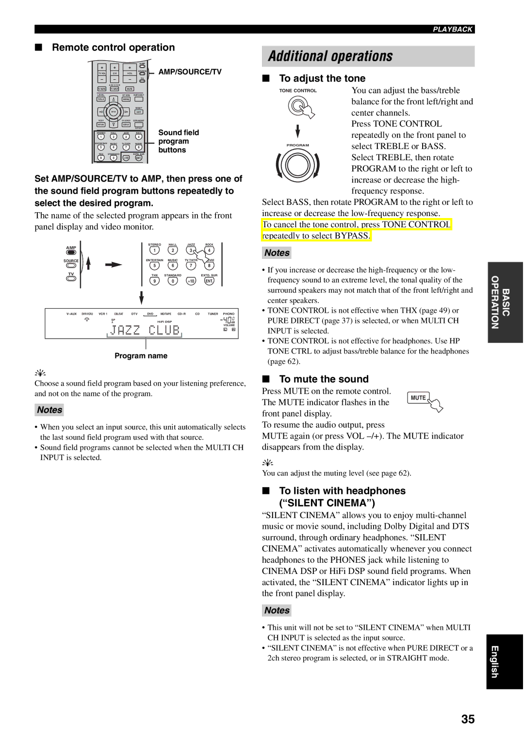 Yamaha RX-V1500 owner manual Additional operations, Remote control operation, To adjust the tone, To mute the sound 