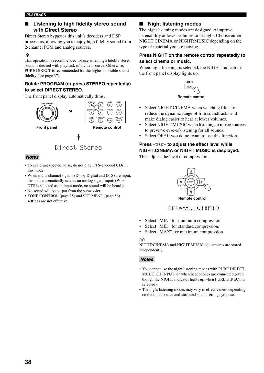 Yamaha RX-V1500 owner manual Listening to high fidelity stereo sound With Direct Stereo, Night listening modes 