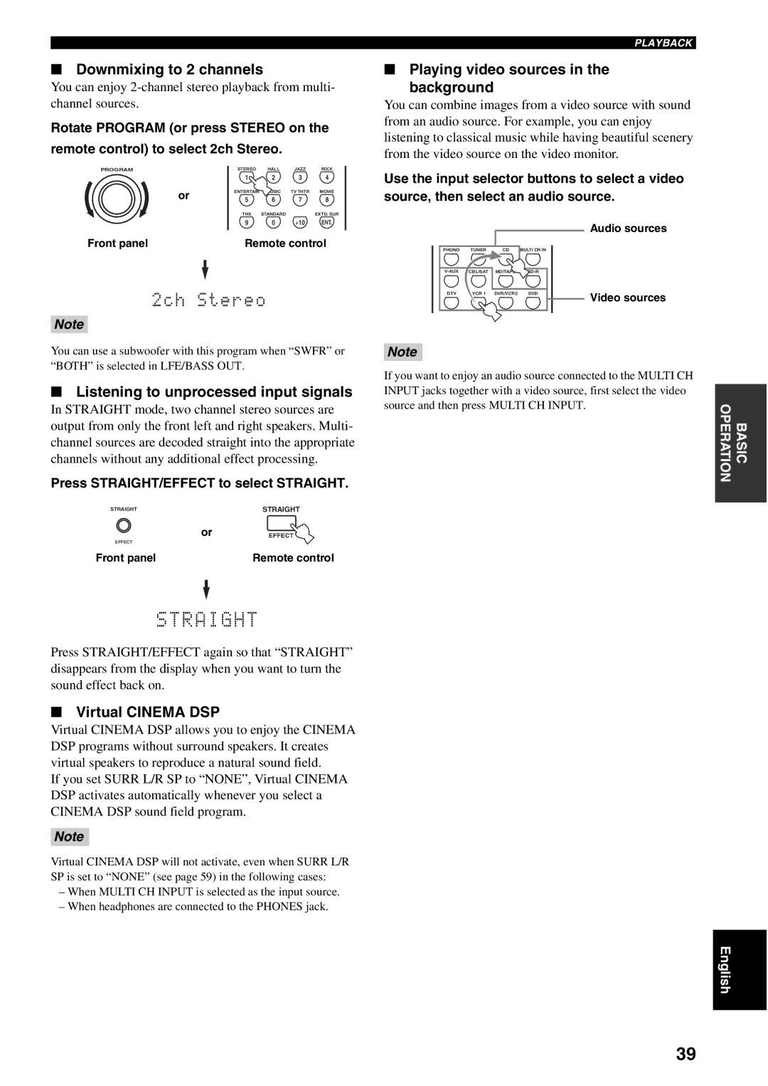 Yamaha RX-V1500 owner manual Downmixing to 2 channels, Listening to unprocessed input signals, Virtual Cinema DSP 