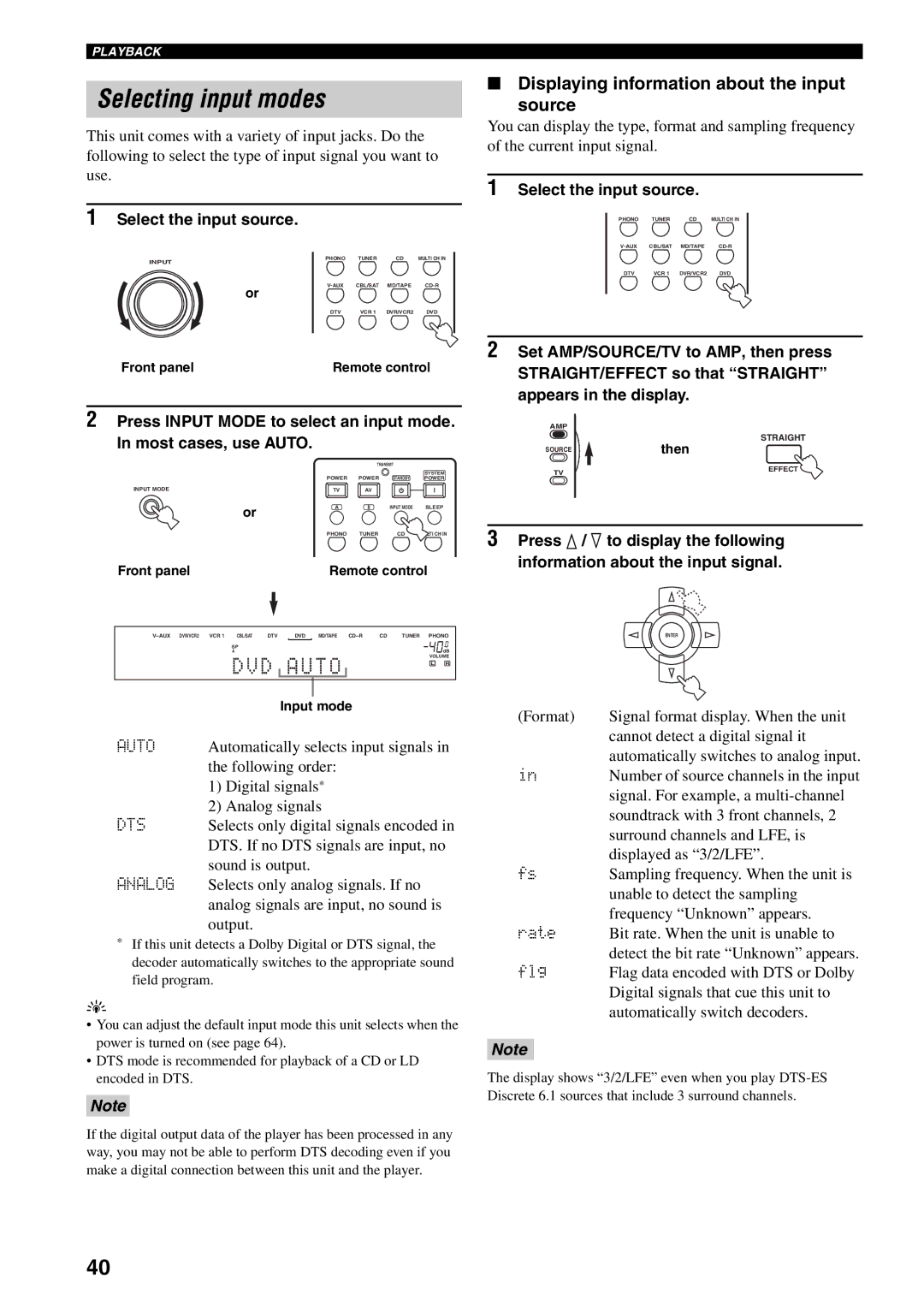 Yamaha RX-V1500 owner manual Selecting input modes, Displaying information about the input Source, Dts, Analog 