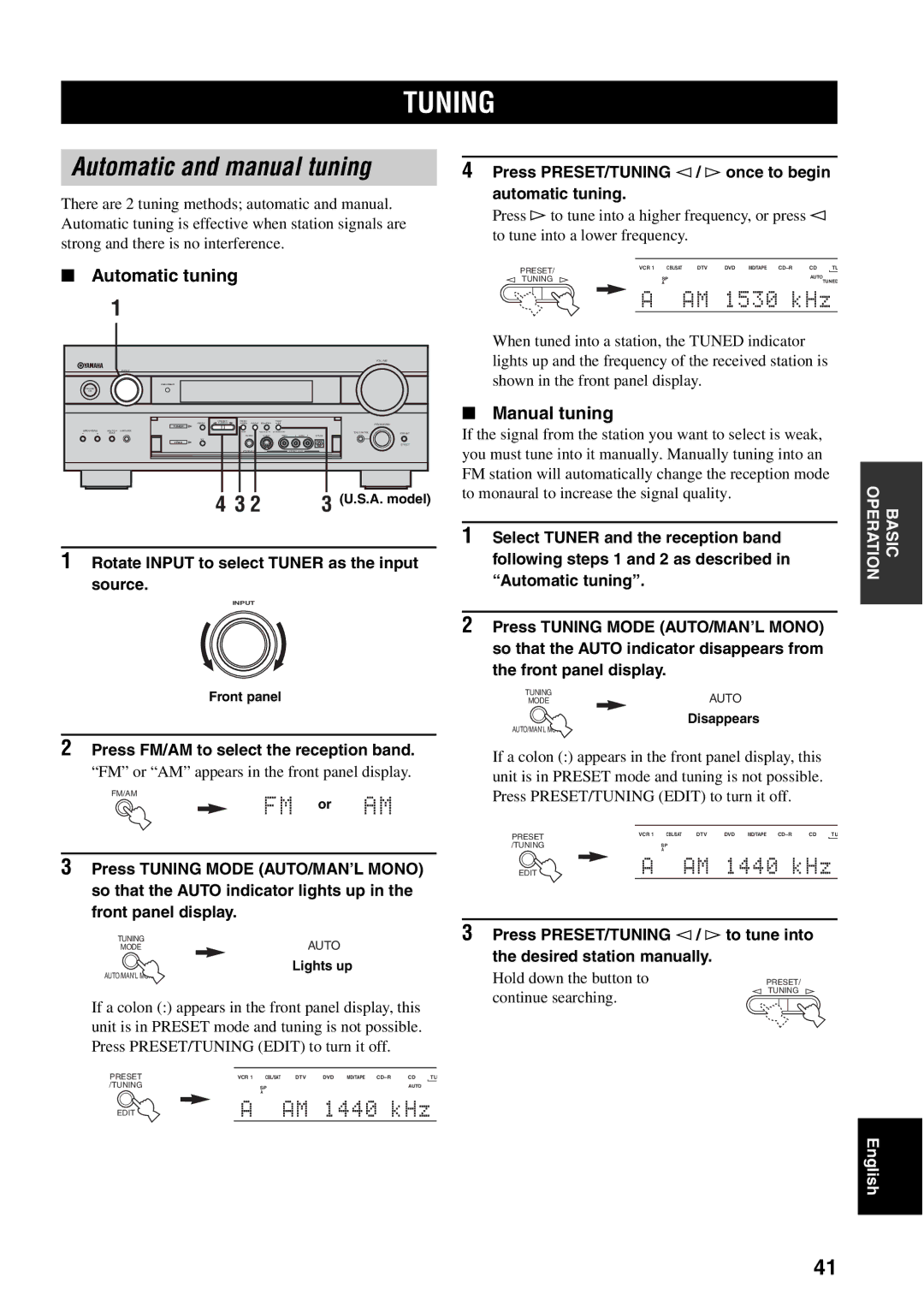 Yamaha RX-V1500 owner manual Tuning, Automatic and manual tuning, Automatic tuning, Manual tuning 