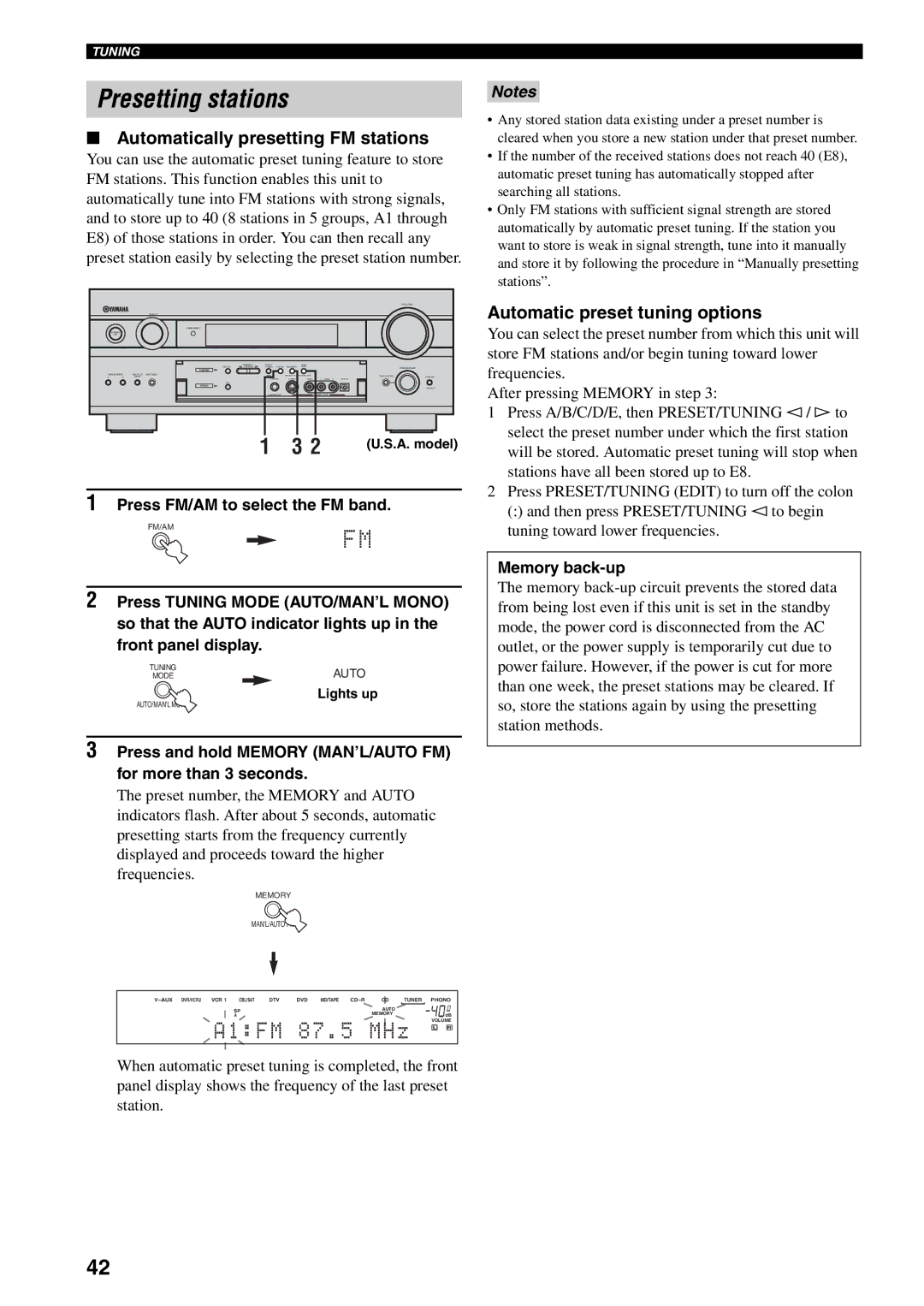 Yamaha RX-V1500 owner manual Presetting stations, Automatically presetting FM stations, Automatic preset tuning options 