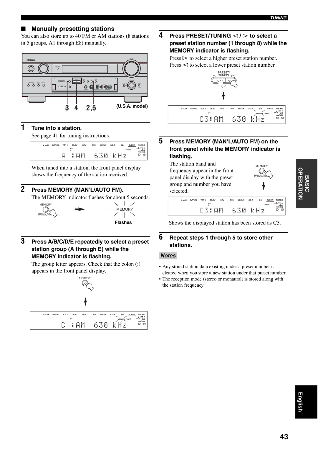 Yamaha RX-V1500 owner manual Manually presetting stations, Tune into a station, Press Memory MAN’L/AUTO FM 