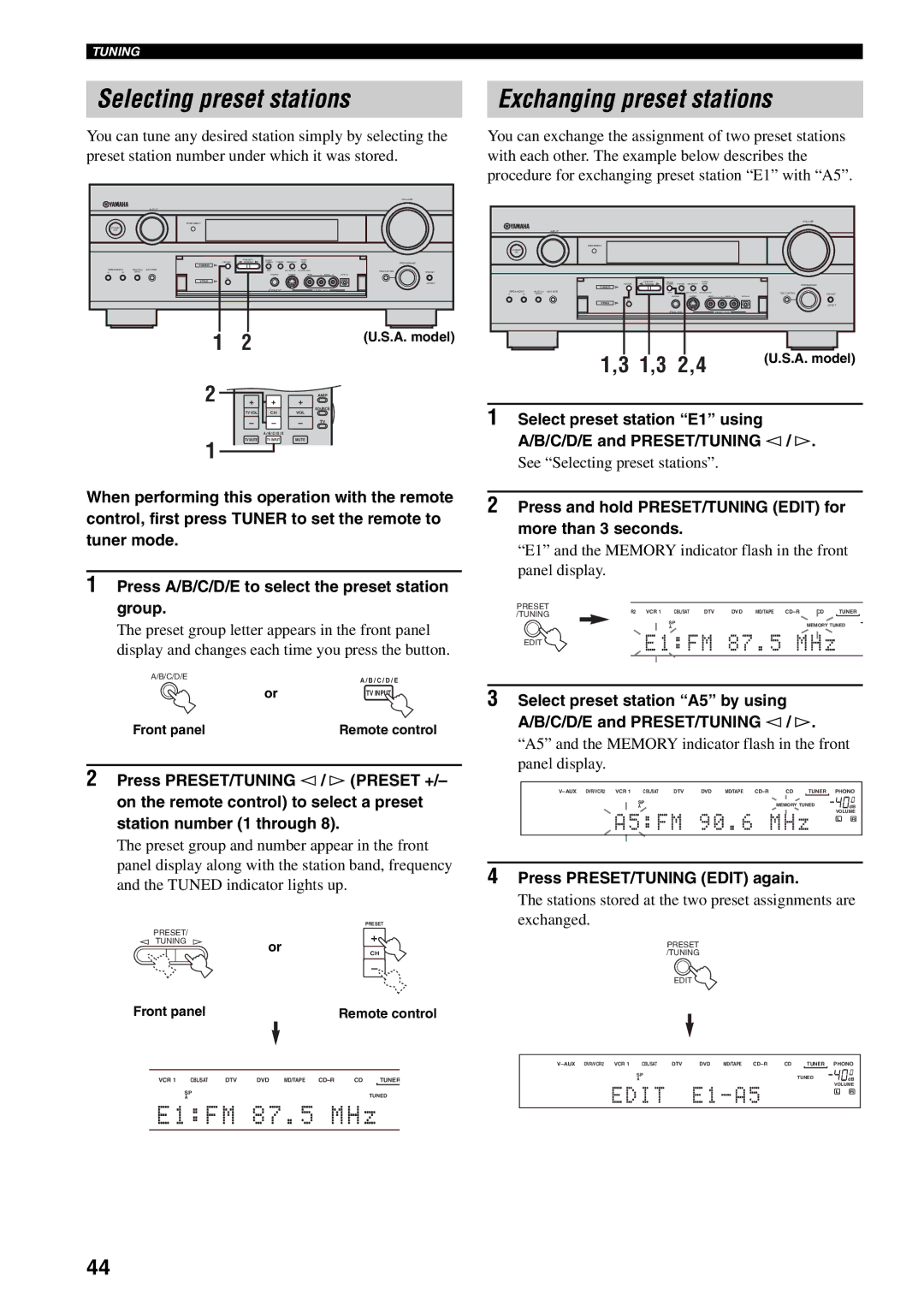 Yamaha RX-V1500 owner manual Selecting preset stations, Exchanging preset stations, Press PRESET/TUNING Edit again 