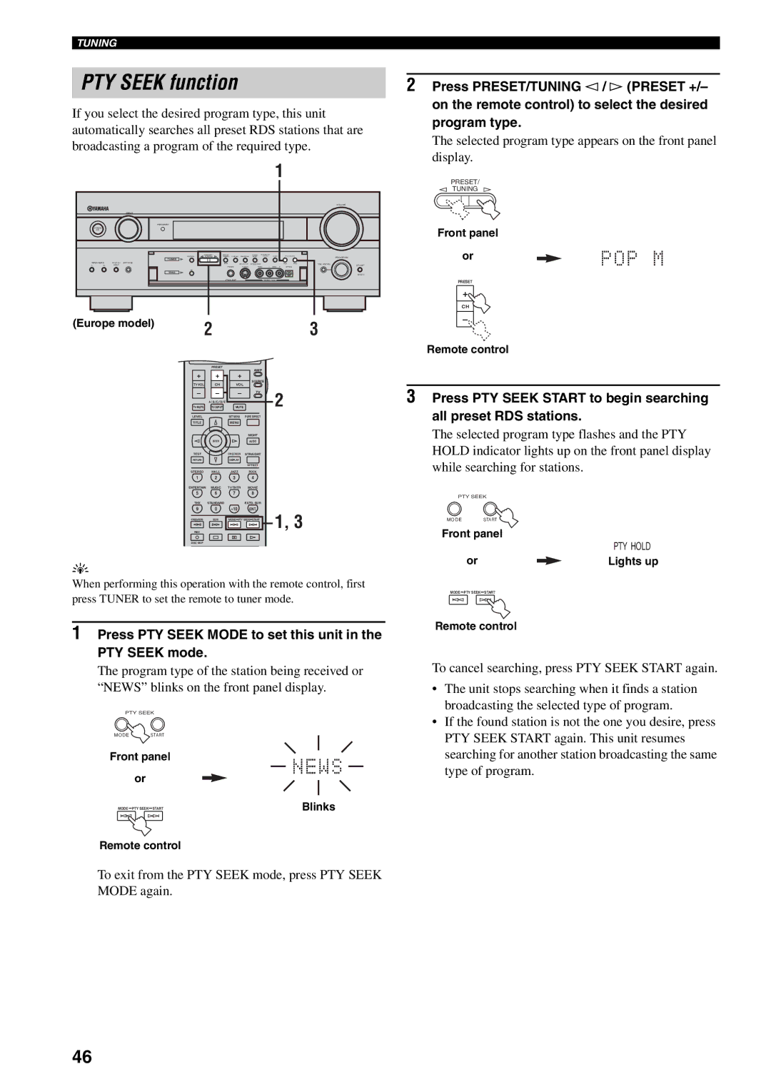 Yamaha RX-V1500 owner manual PTY Seek function, Selected program type appears on the front panel display 