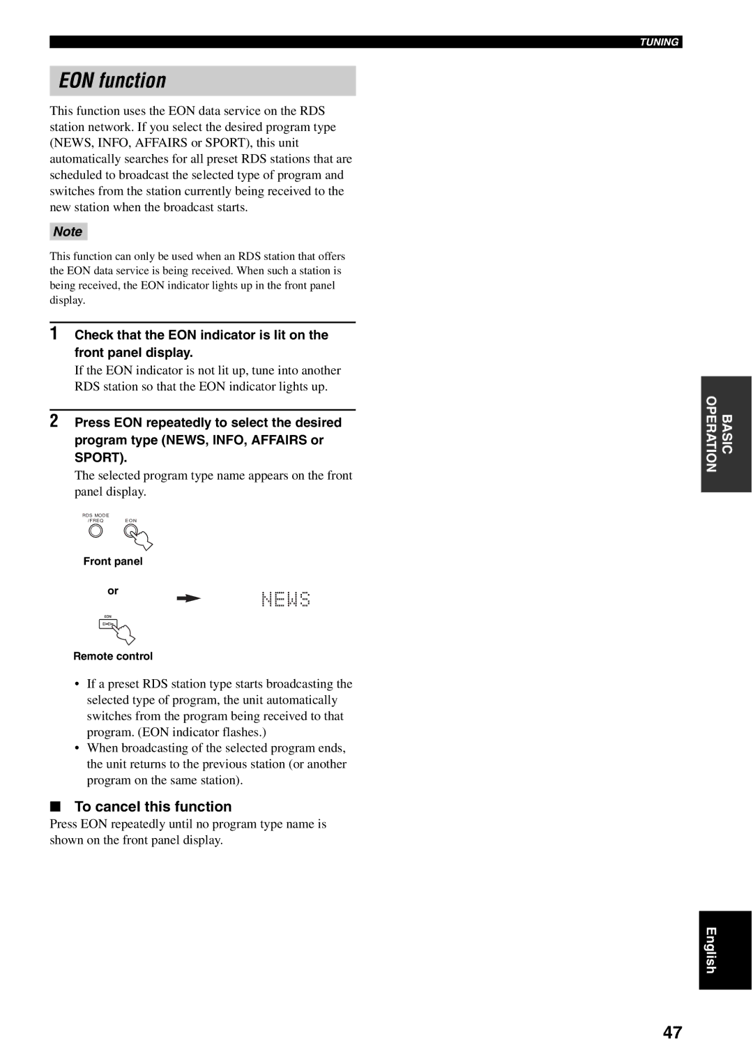 Yamaha RX-V1500 owner manual EON function, To cancel this function 