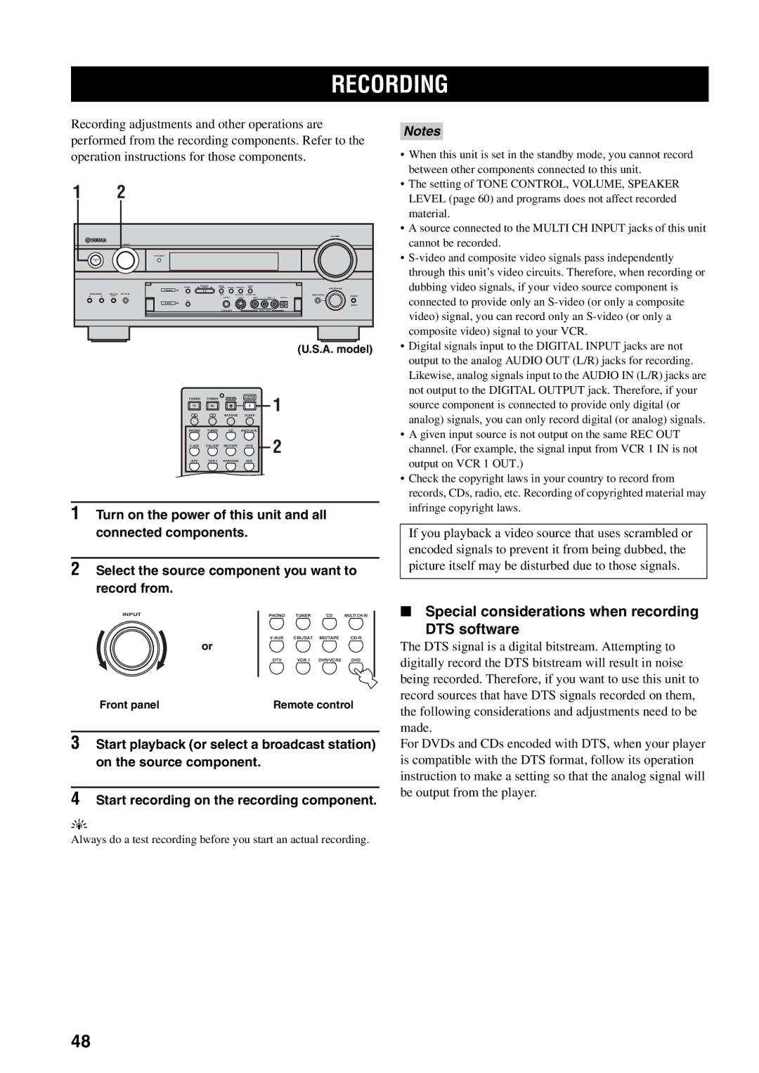 Yamaha RX-V1500 owner manual Recording, Special considerations when recording DTS software 