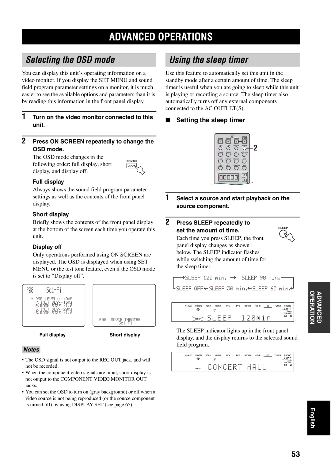 Yamaha RX-V1500 owner manual Advanced Operations, Selecting the OSD mode Using the sleep timer, Setting the sleep timer 