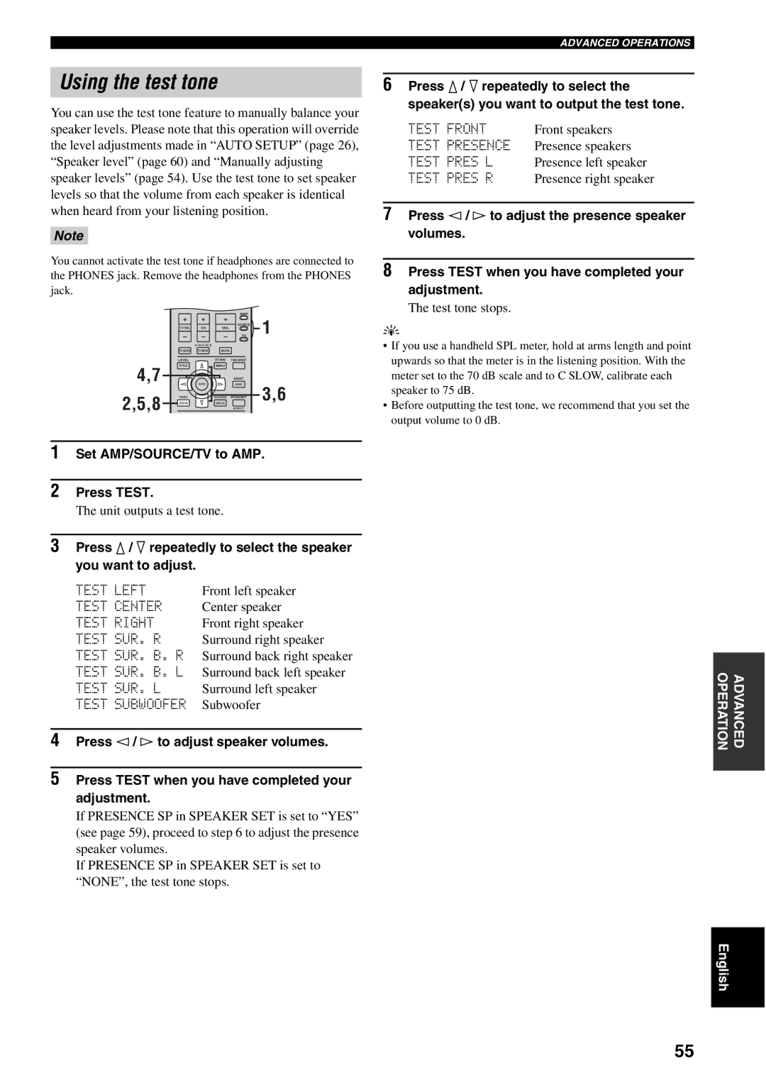 Yamaha RX-V1500 owner manual Using the test tone, Set AMP/SOURCE/TV to AMP Press Test 