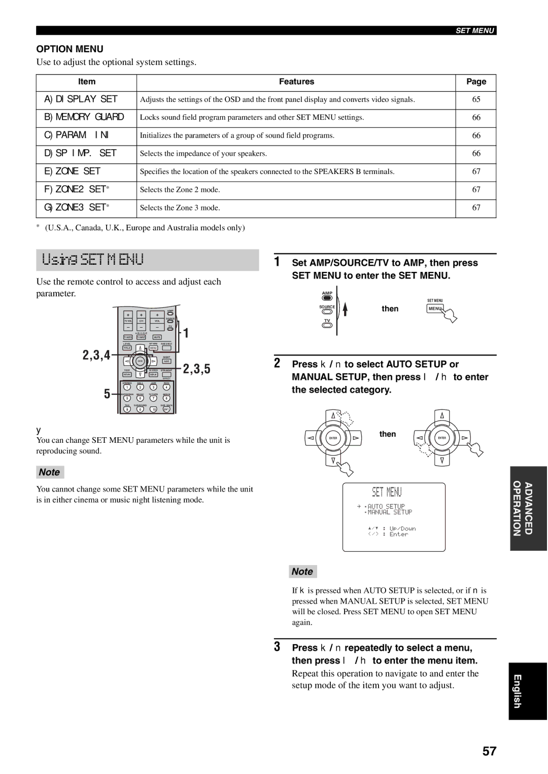 Yamaha RX-V1500 owner manual Using SET Menu, Option Menu 