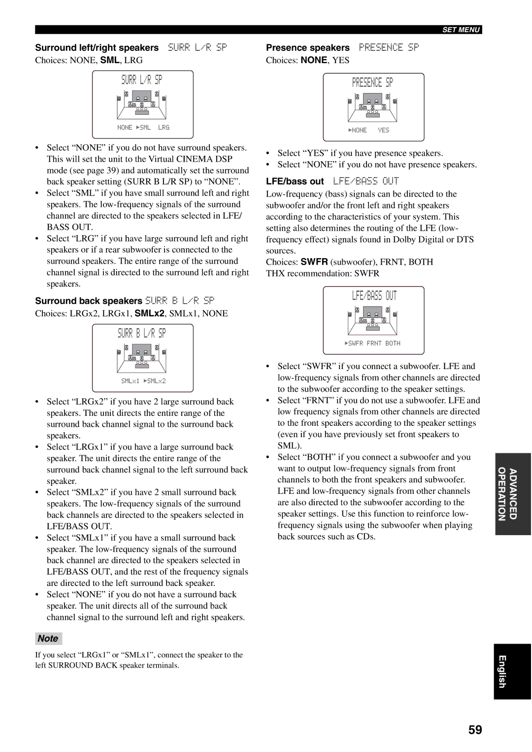 Yamaha RX-V1500 owner manual Surr B L/R SP, Lfe/Bass Out, Surround left/right speakers Surr L/R SP Presence speakers 