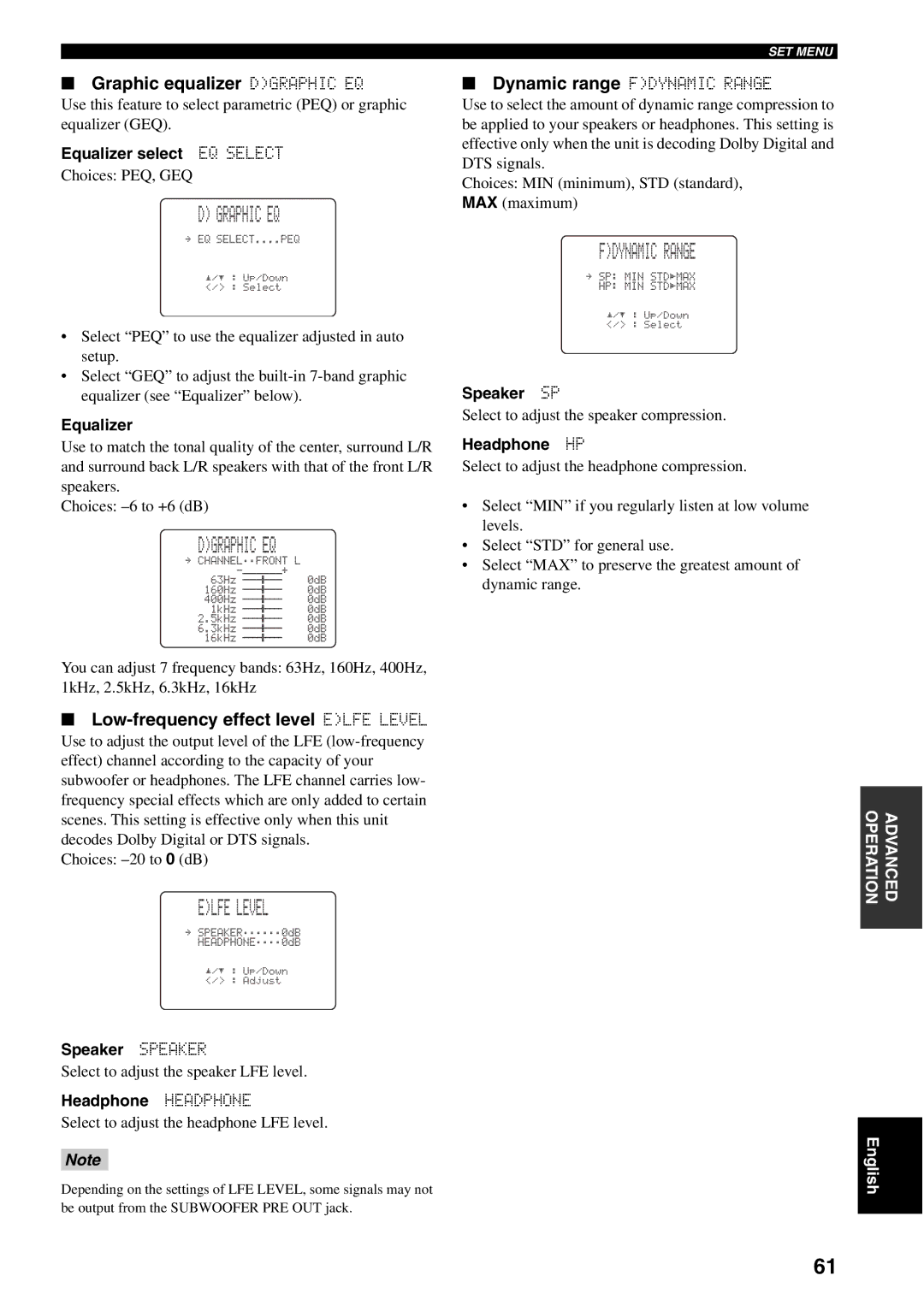 Yamaha RX-V1500 owner manual Graphic EQ, Dgraphic EQ, Elfe Level, Fdynamic Range 