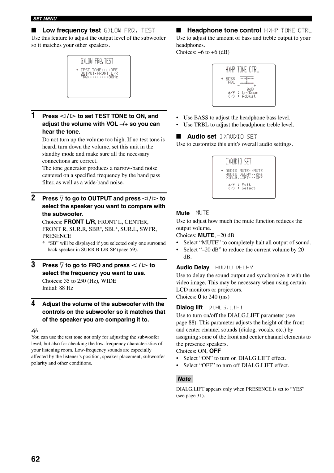 Yamaha RX-V1500 owner manual Glow FRQ.TEST, HHP Tone Ctrl, Iaudio SET, Low frequency test Glow FRQ. Test 