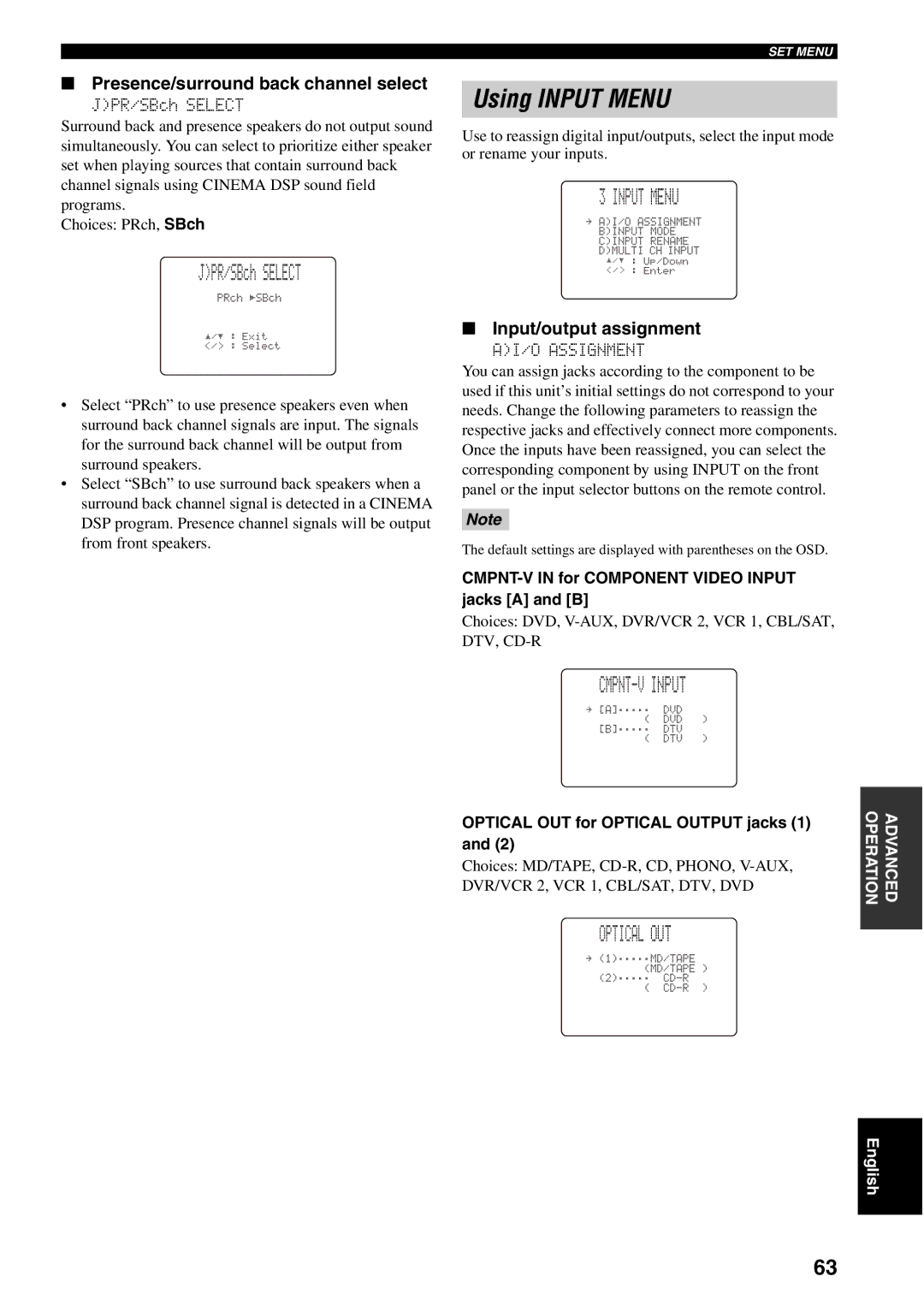 Yamaha RX-V1500 owner manual Using Input Menu, CMPNT-V Input, Optical OUT 