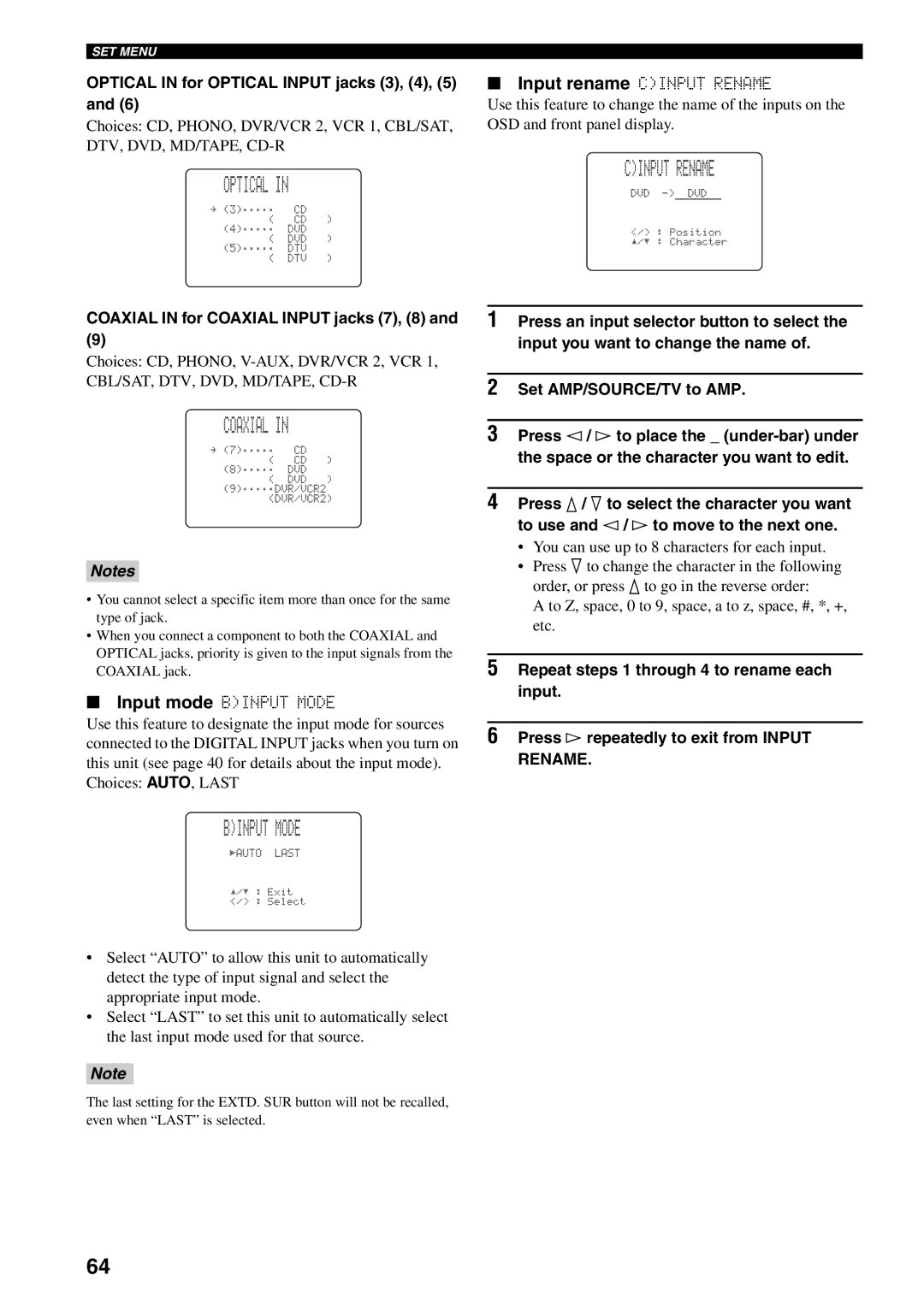 Yamaha RX-V1500 owner manual Optical, Cinput Rename, Coaxial, Binput Mode 