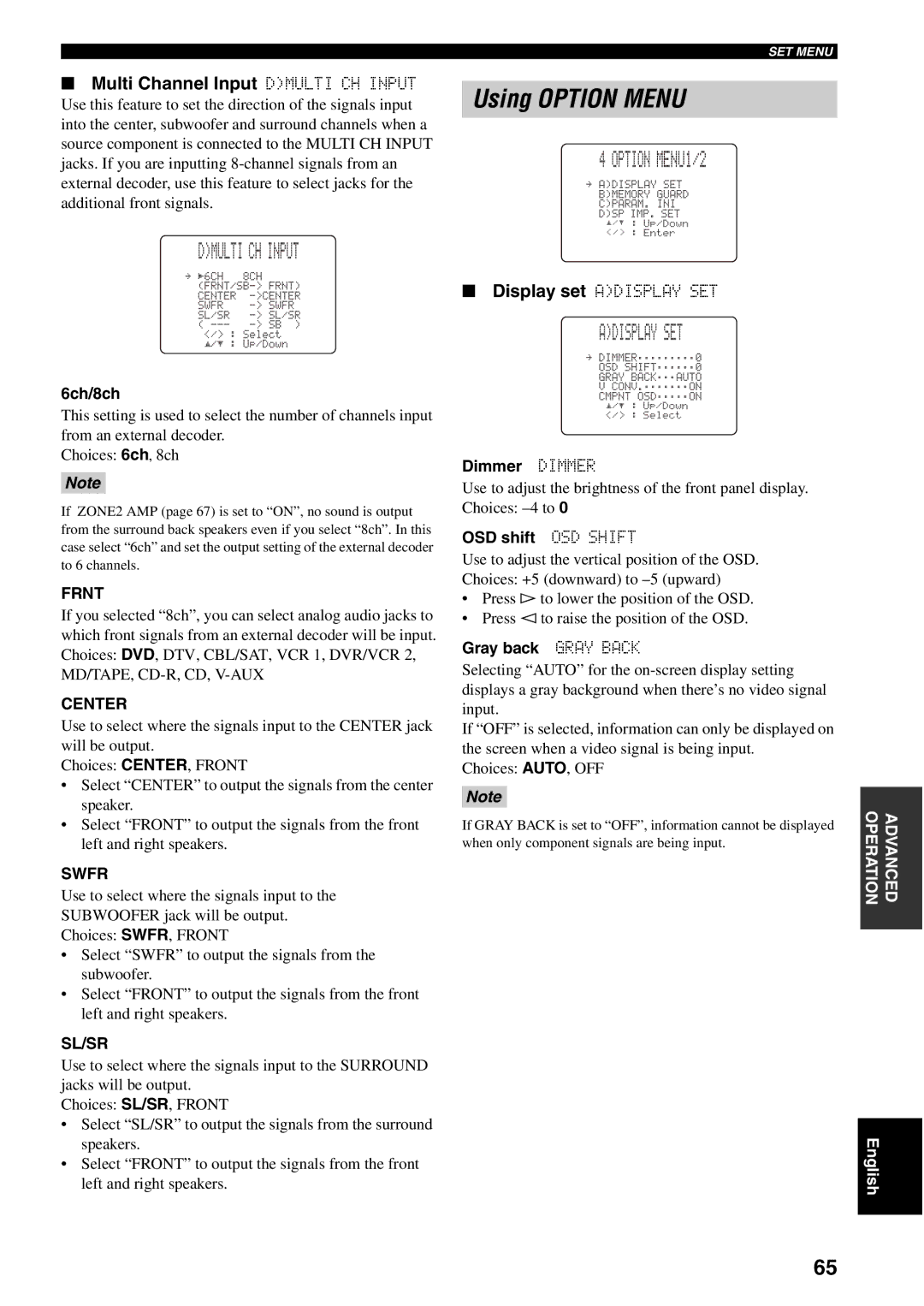 Yamaha RX-V1500 owner manual Using Option Menu, Option MENU1/2, Adisplay SET, Multi Channel Input Dmulti CH Input 