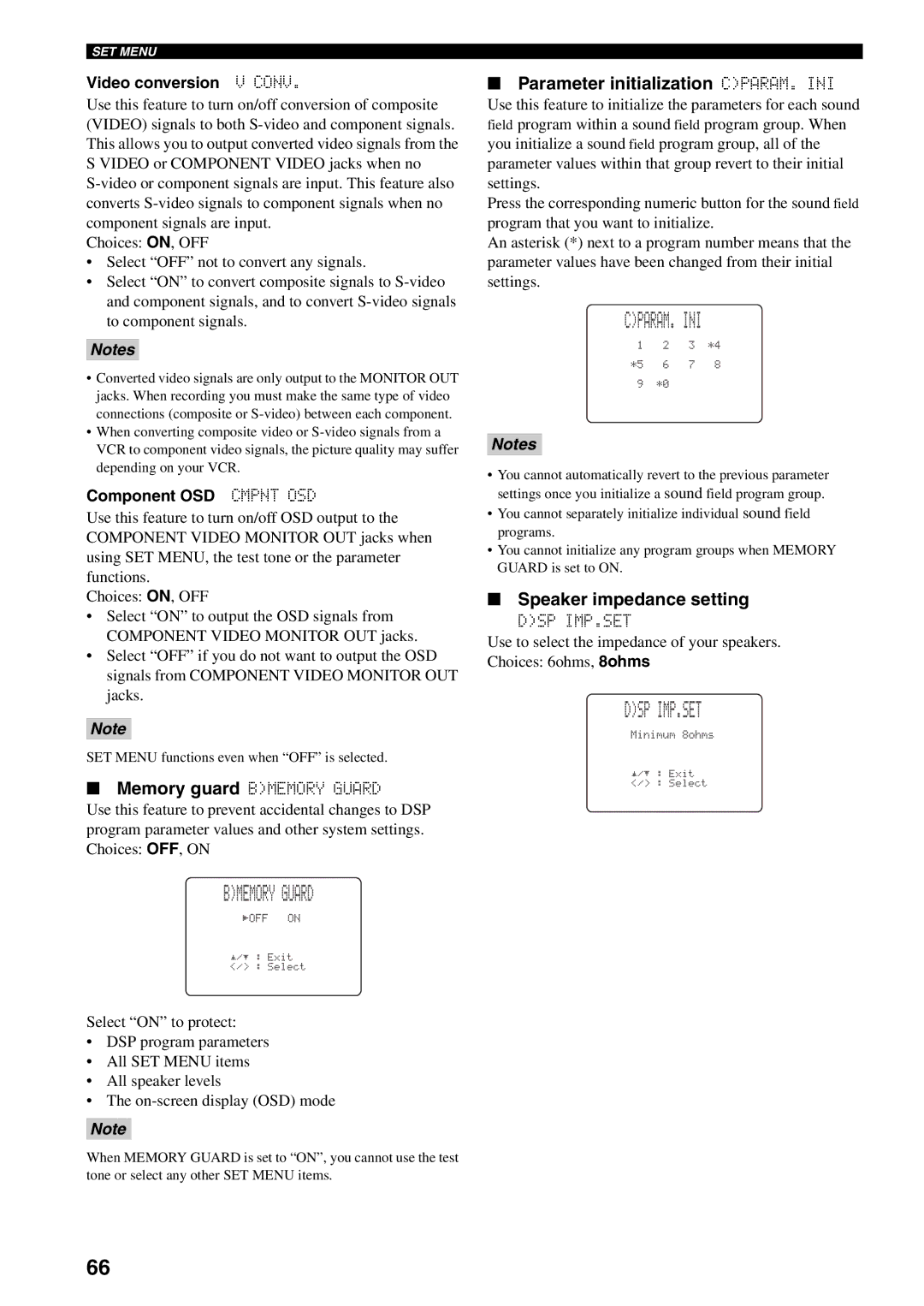 Yamaha RX-V1500 Bmemory Guard, Cparam. Ini, Dsp Imp.Set, Parameter initialization CPARAM. INI, Speaker impedance setting 