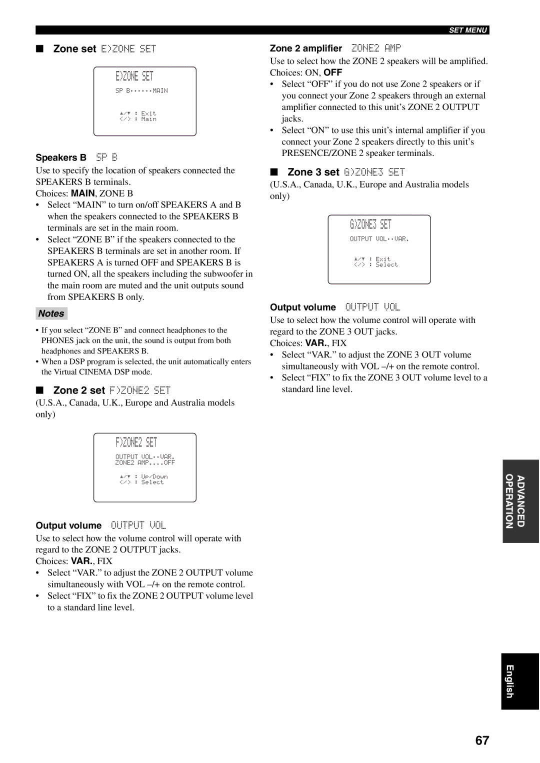 Yamaha RX-V1500 owner manual Ezone SET, Zone 2 set FZONE2 SET, Zone 3 set GZONE3 SET 