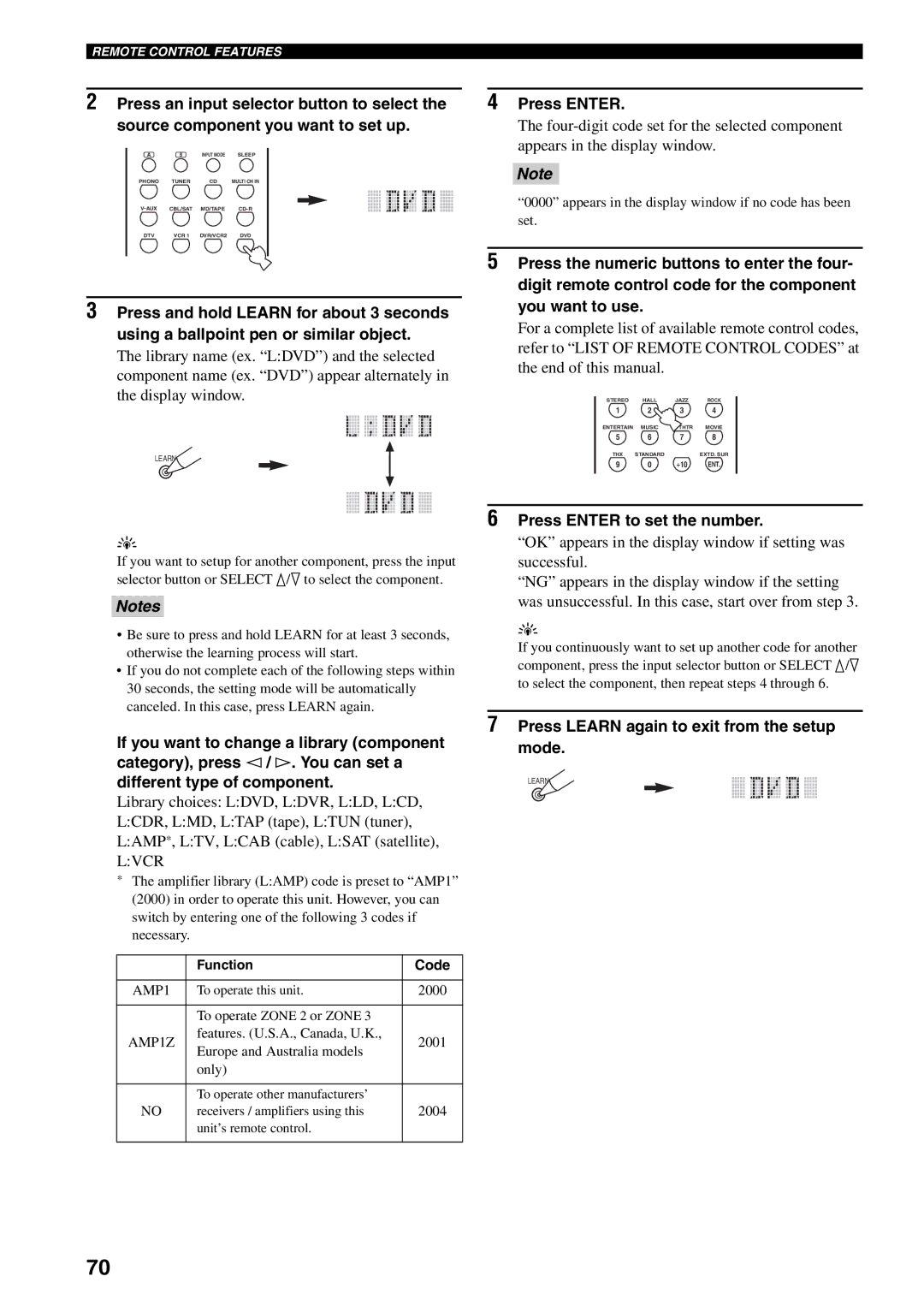 Yamaha RX-V1500 owner manual Press Enter to set the number, Press Learn again to exit from the setup mode, Function 