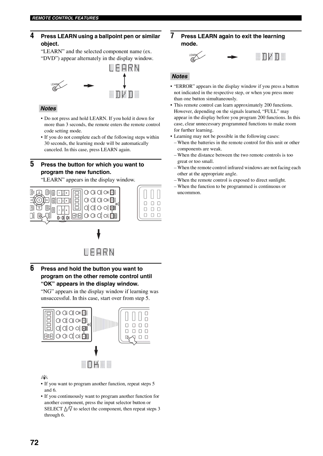 Yamaha RX-V1500 owner manual Press Learn using a ballpoint pen or similar object, Learn appears in the display window 