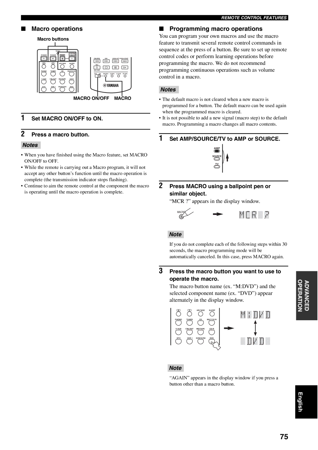 Yamaha RX-V1500 owner manual Macro operations, Programming macro operations, Set Macro ON/OFF to on Press a macro button 