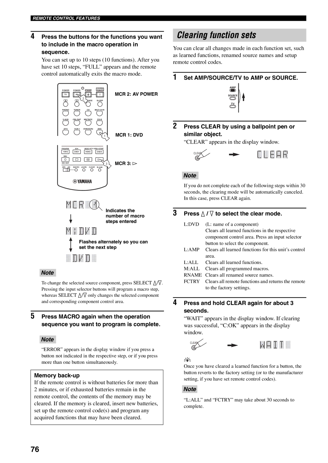 Yamaha RX-V1500 owner manual Clearing function sets, Press Clear by using a ballpoint pen or similar object 