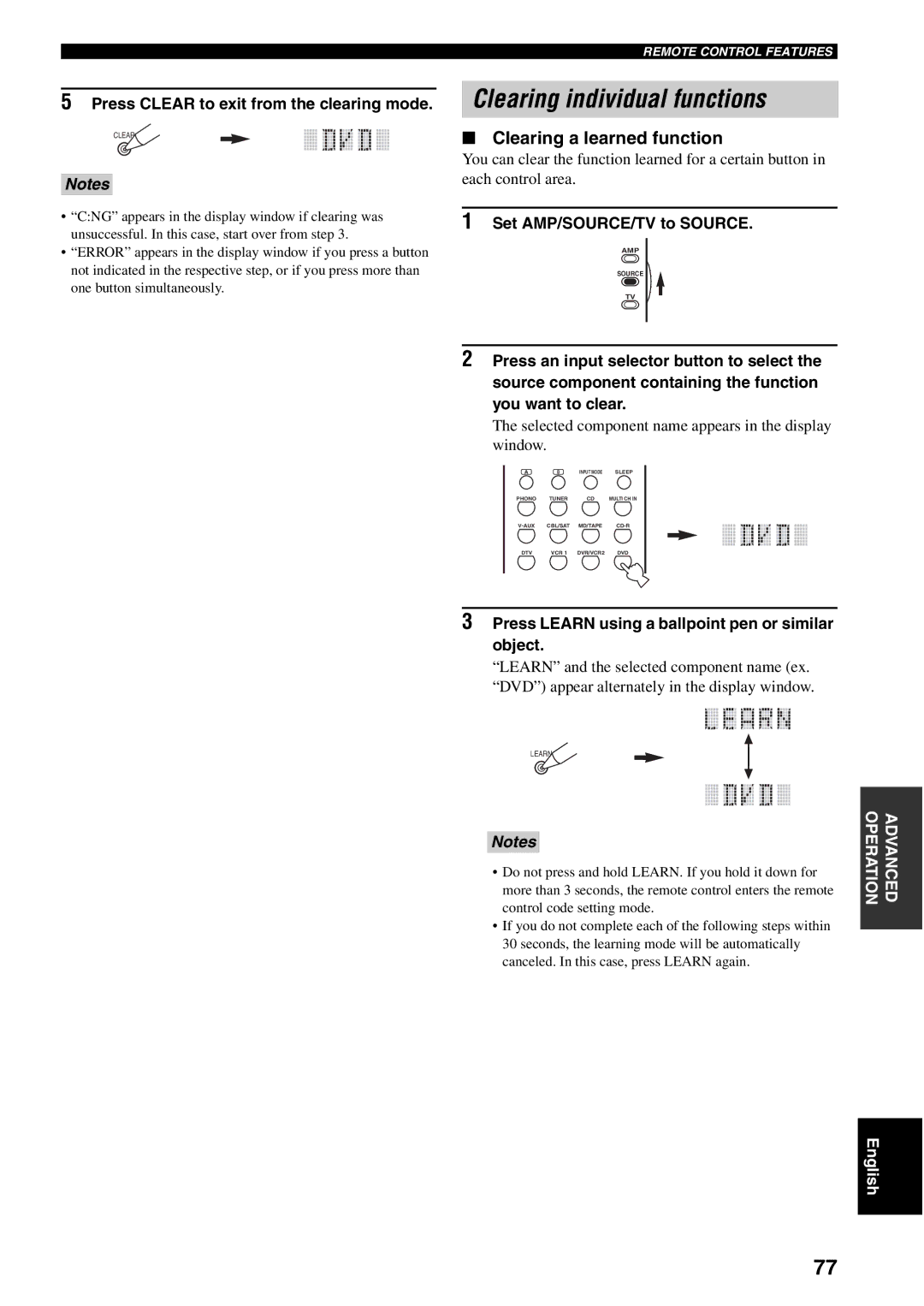 Yamaha RX-V1500 Clearing individual functions, Clearing a learned function, Press Clear to exit from the clearing mode 